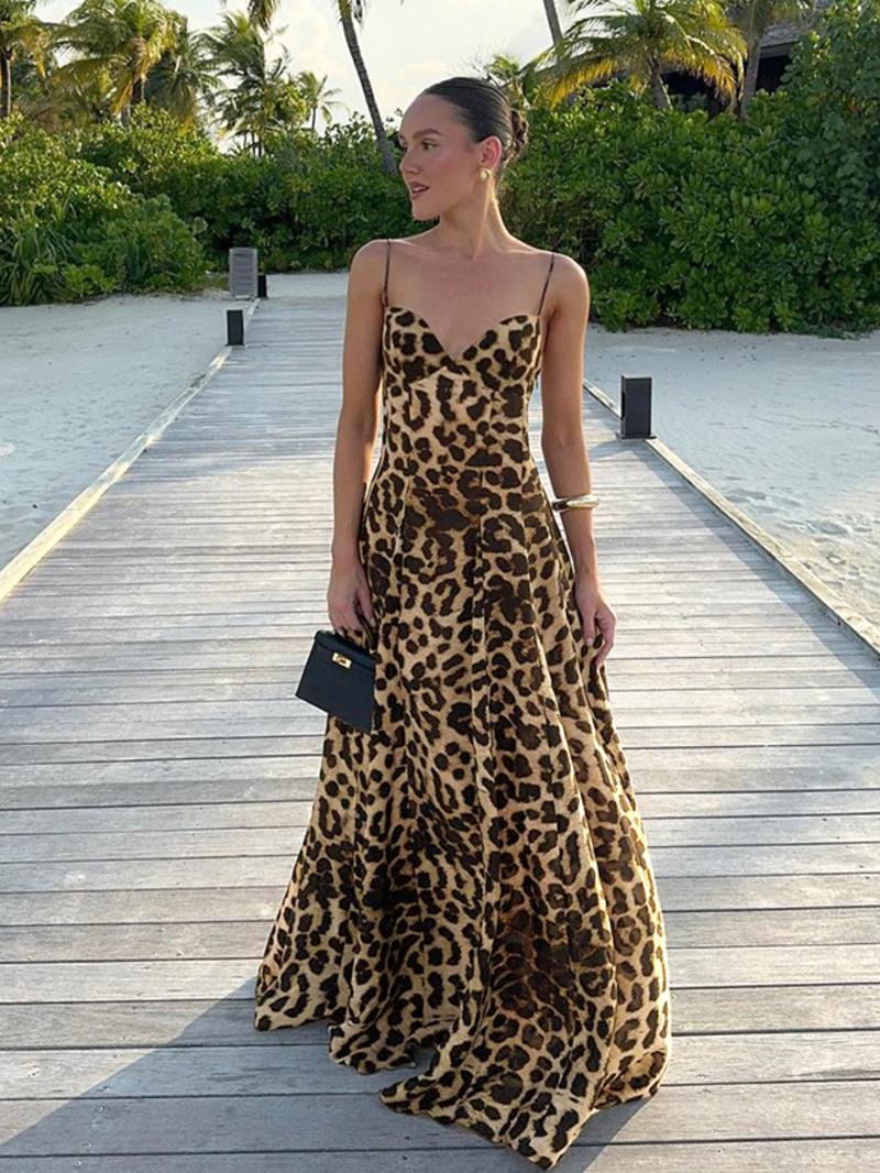 Women's Leopard Print Cami Dress, Fashion Casual Sleeveless Maxi Dress for Beach Holiday Vacation, Ladies Clothes for Summer