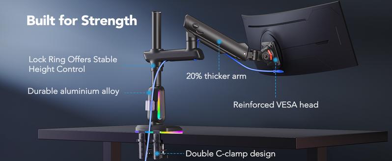 HUANUO Adjustable RGB/Non RGB Heavy Duty Monitor Arm for Ultrawide Screens up to 57"/49'', Holds 44 lbs, Tall Ultrawide Monitor Stand with 29.1" Max Height, Fully Adjustable Single Computer Desk Mount, Max VESA 100x100mm