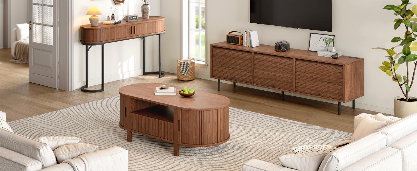 【SPOTLIGHT DAY】ONBRILL 55.1" Fluted Console Table With Tambour Doors And Metal Base For Hallway, Living Room