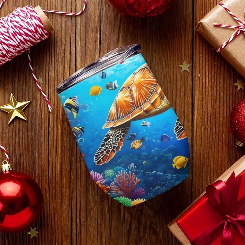 12oz Digital Printed Insulated Tumbler, Marine Life Design (Sea Turtle & Colorful Fish), Leak - Proof & Heat - Retaining, For Daily Use/Office/Travel, Vivid Underwater Scene Print, Durable Stainless Steel