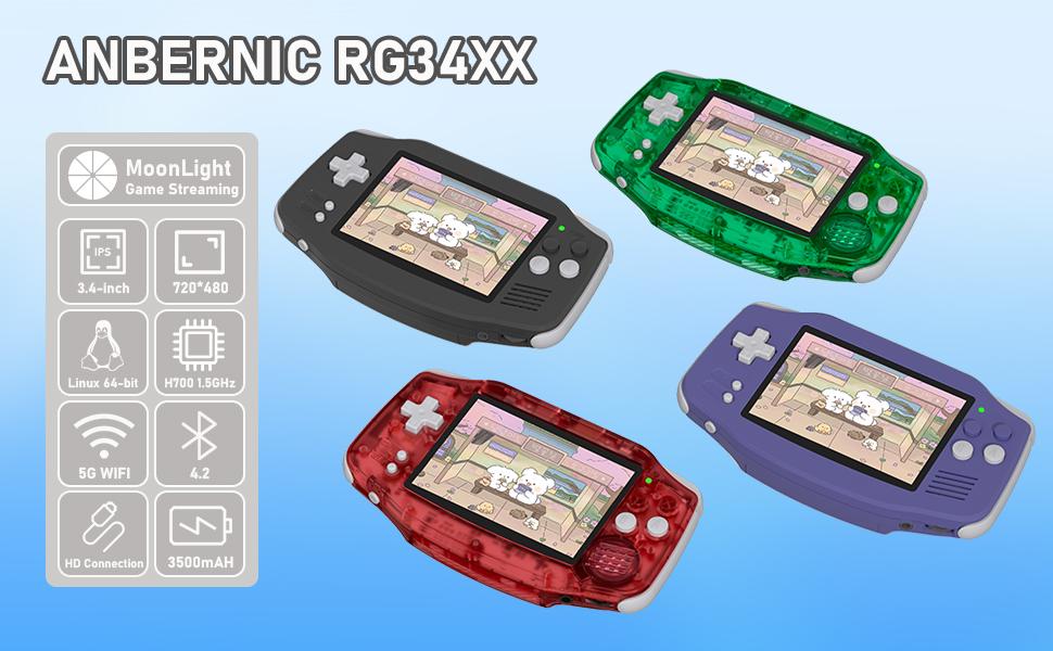 ANBERNIC RG34XX Retro Handheld Game Console 3.4" IPS Screen Linux 64-bit System Portable Video Gaming Console Support 5G WiFi Bluetooth,Streaming,HD TV Output Protection Rg34Xx-Indigo+64Gb