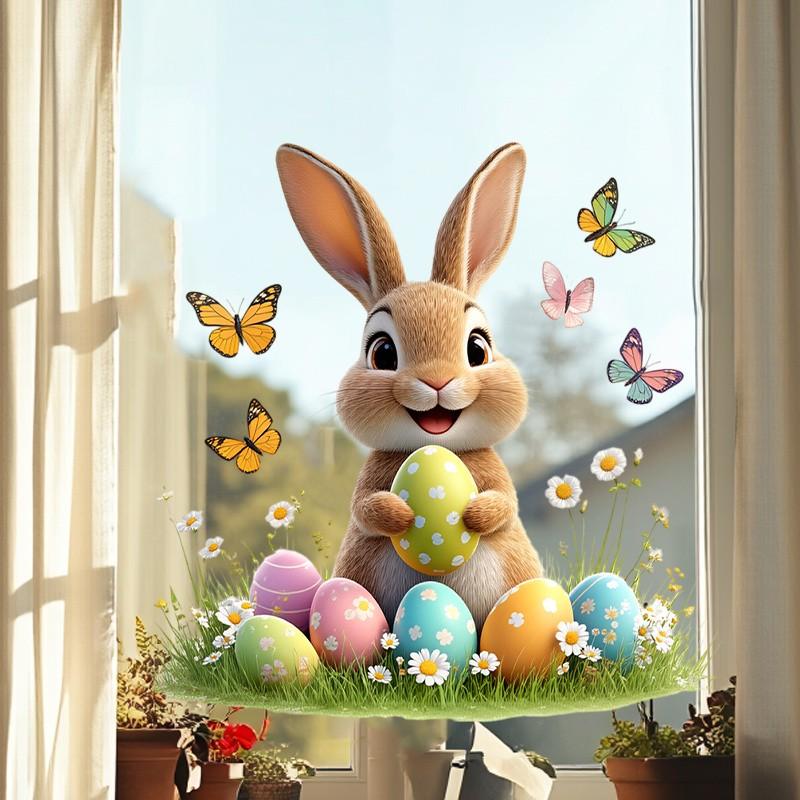 Easter Bunny Egg Sticker, Self-Adhesive Window Decal, Home Wall Decor, Removable PVC Art Sticker, Festive Seasonal Decoration