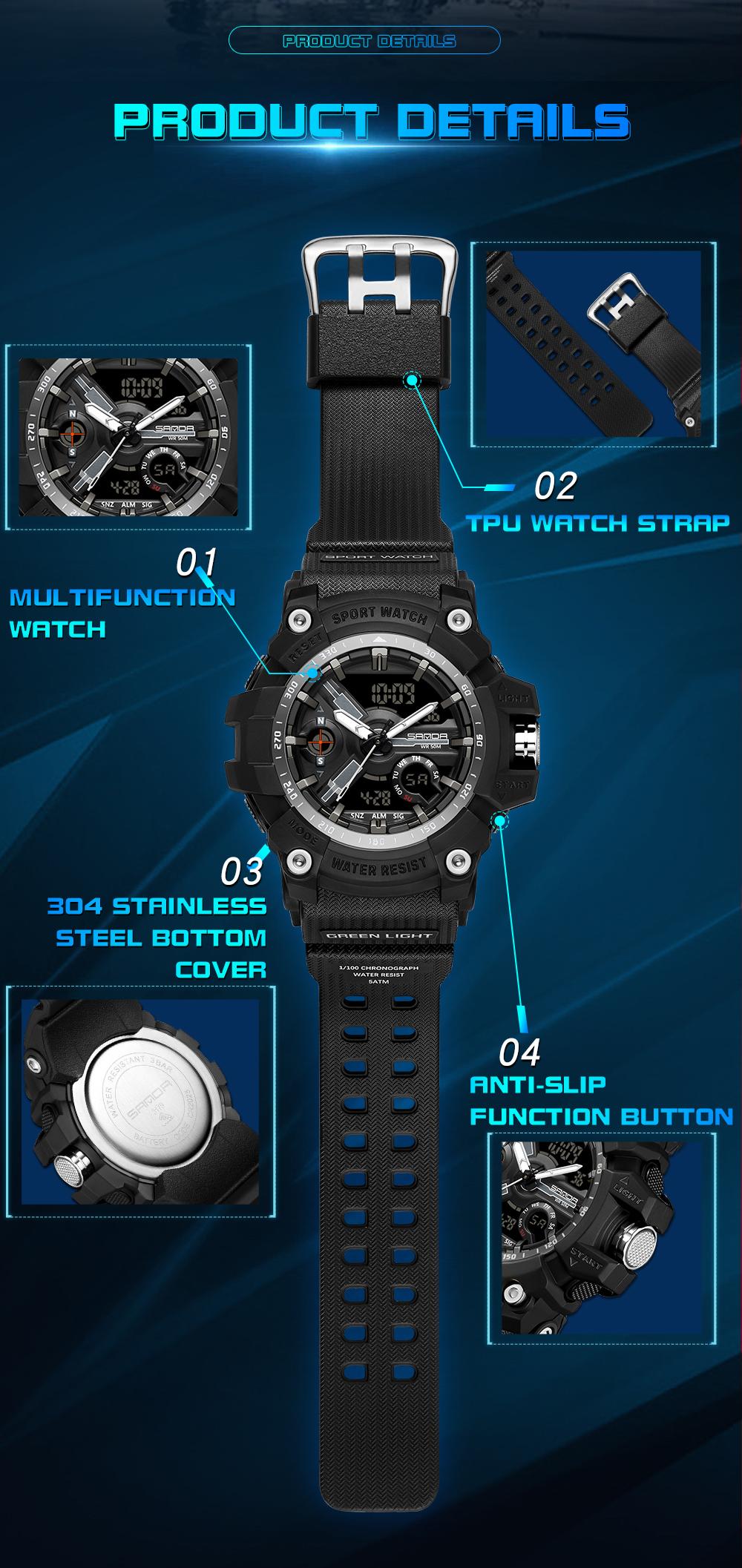 SANDA 3179 for Male Clock shock New Sports Men's Military Watch Waterproof Wristwatch, Men's Sportive Analog-digital Quartz Watch, Water resistant watch with Luminous & Alarm & Calendar Function, with Box
