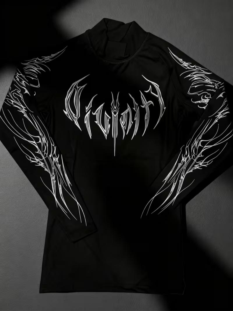 Men's Slim Fit Long Sleeve Sports Shirt, Quick-Dry Breathable Polyester Fabric, Pattern Design, Ideal for Running, Fitness, Casual Wear