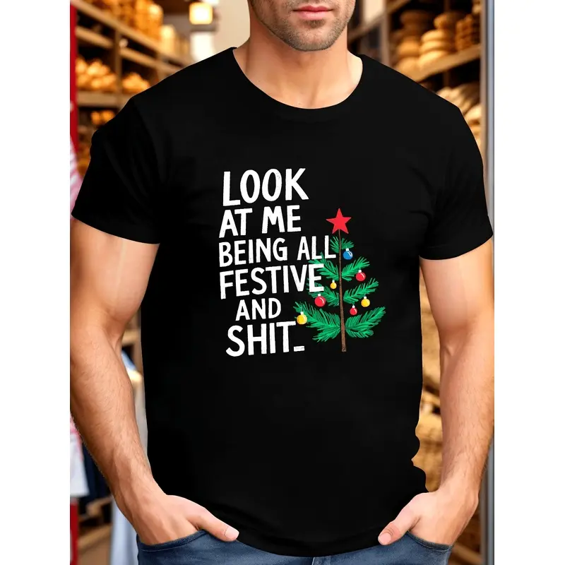 Men's Christmas Pattern T-Shirt - Funny Holiday Sayings - Black T-Shirt, Casual Christmas Party Outfit - Men's Summer T-Shirt - Everyday Holiday Apparel, Christmas T-Shirt, Holiday Themed Clothing, Short Sleeve Top