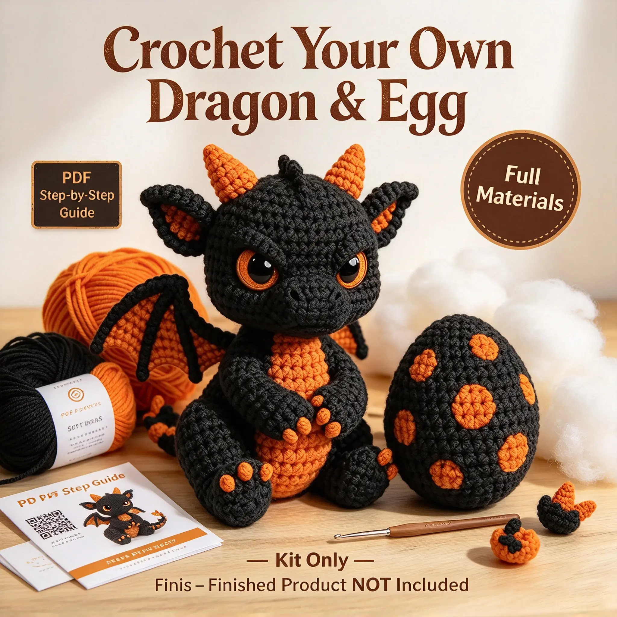 Black Dragon & Egg Crochet Kit, Fantasy Amigurumi Set with Cute Dragon and Spotted Egg, Complete Yarn Materials, Hook, Stuffing & Accessories, Scanable PDF Step-by-Step Guide, Advanced Beginner Friendly, Halloween Decor, Christmas Decor, Birthday Gift for