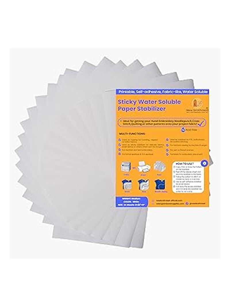 Multiple Pieces Sticky Water Soluble Embroidery Stabilizer Printable Paper Stabilizer - 8.5"x11"  Medium Weight - New brothread Allowed for Print or Draw Patterns Best for Hand & Machine Embroidery Easy Sewing for Beginners Multiple Use