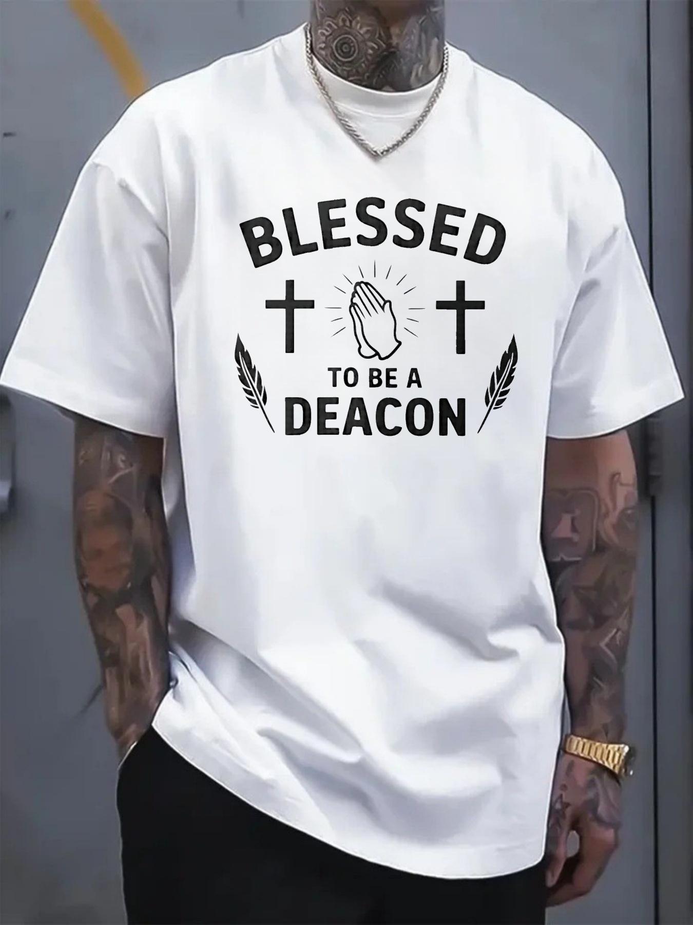 Men's T-shirt with printed cross and feather patterns for prayer, featuring the text "BLESSED TO BE A DEACON", designed for daily wear in church and religious activities