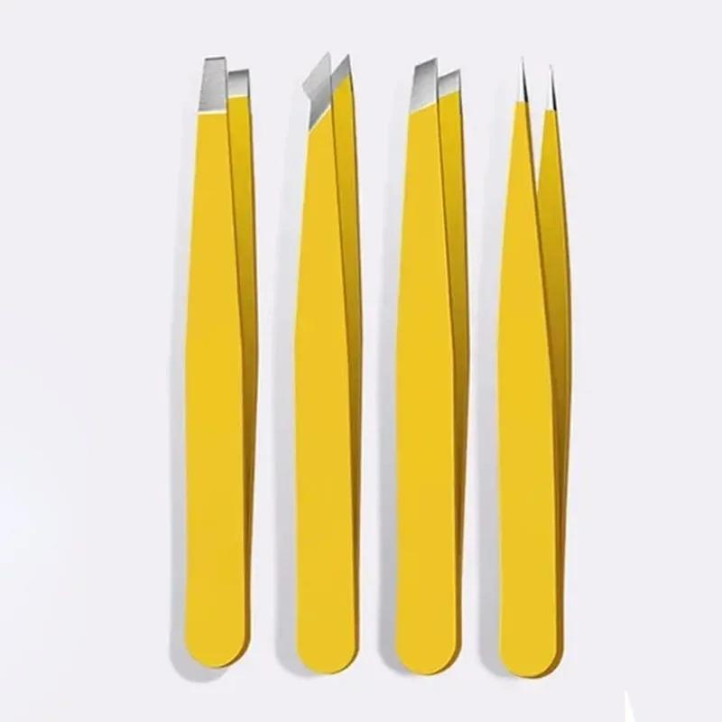 4-Piece Eyebrow Tweezers Set, Stainless Steel Slant Tip Tweezers for Men & Women, Precision Grooming Tool Kit, Eyebrow Styling Kit, Cosmetic Makeup Tool, Single Item Pack
