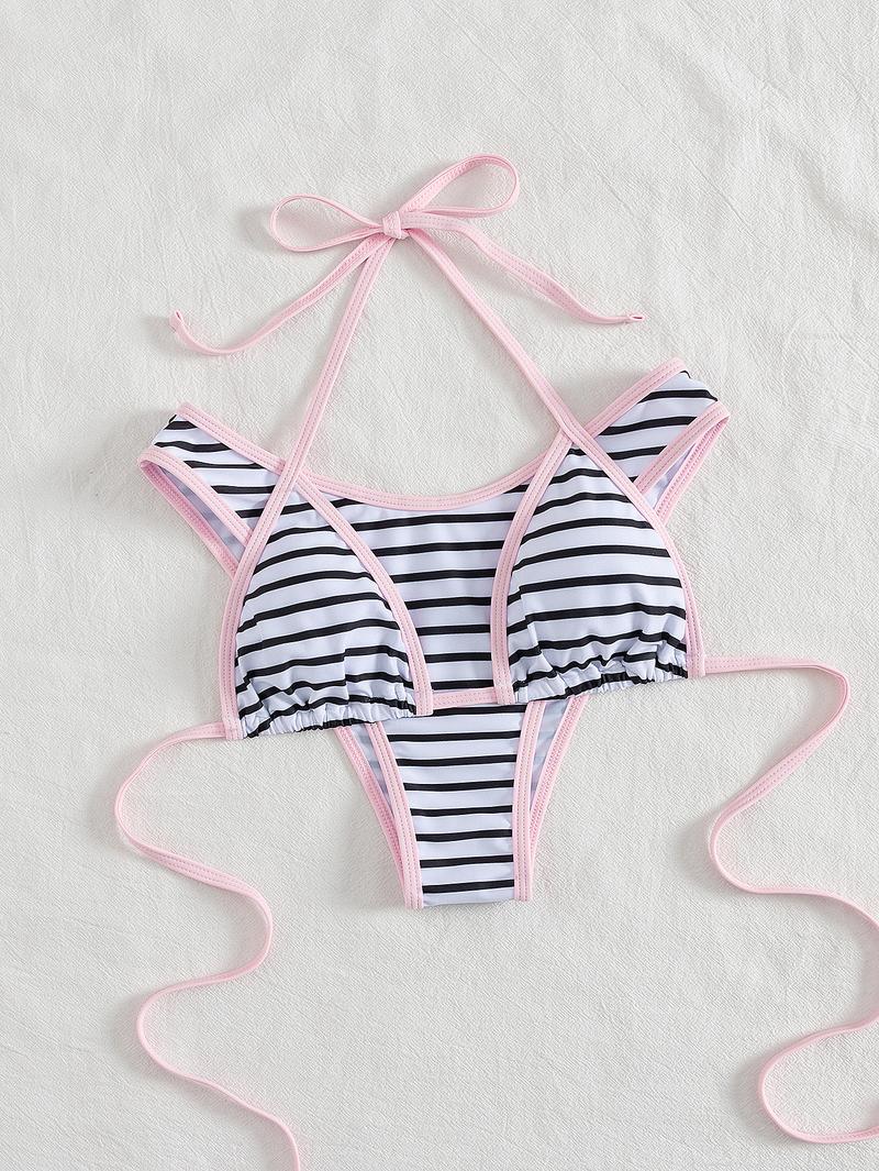 Summer Vibe Alert! Black & White Striped Halter Bikini Swimsuit Set with Pink Trim - Viral Beachwear for Insta-Worthy Photos
