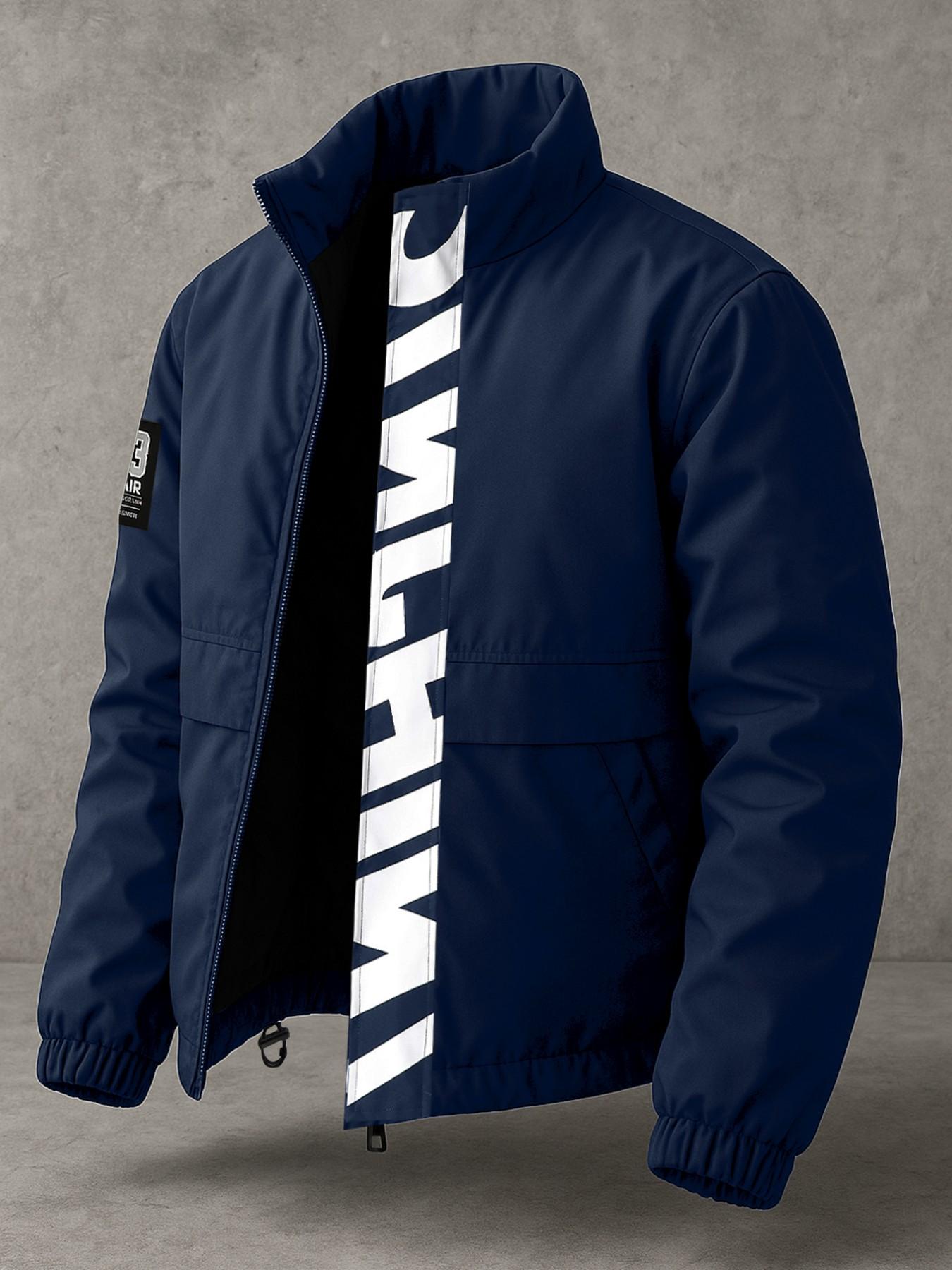 Men's Casual Workwear Zipper Jacket, Windproof Anti-Wrinkle Fabric, Stand Collar, Practical Pockets, Fashion Letter Print, Loose Fit