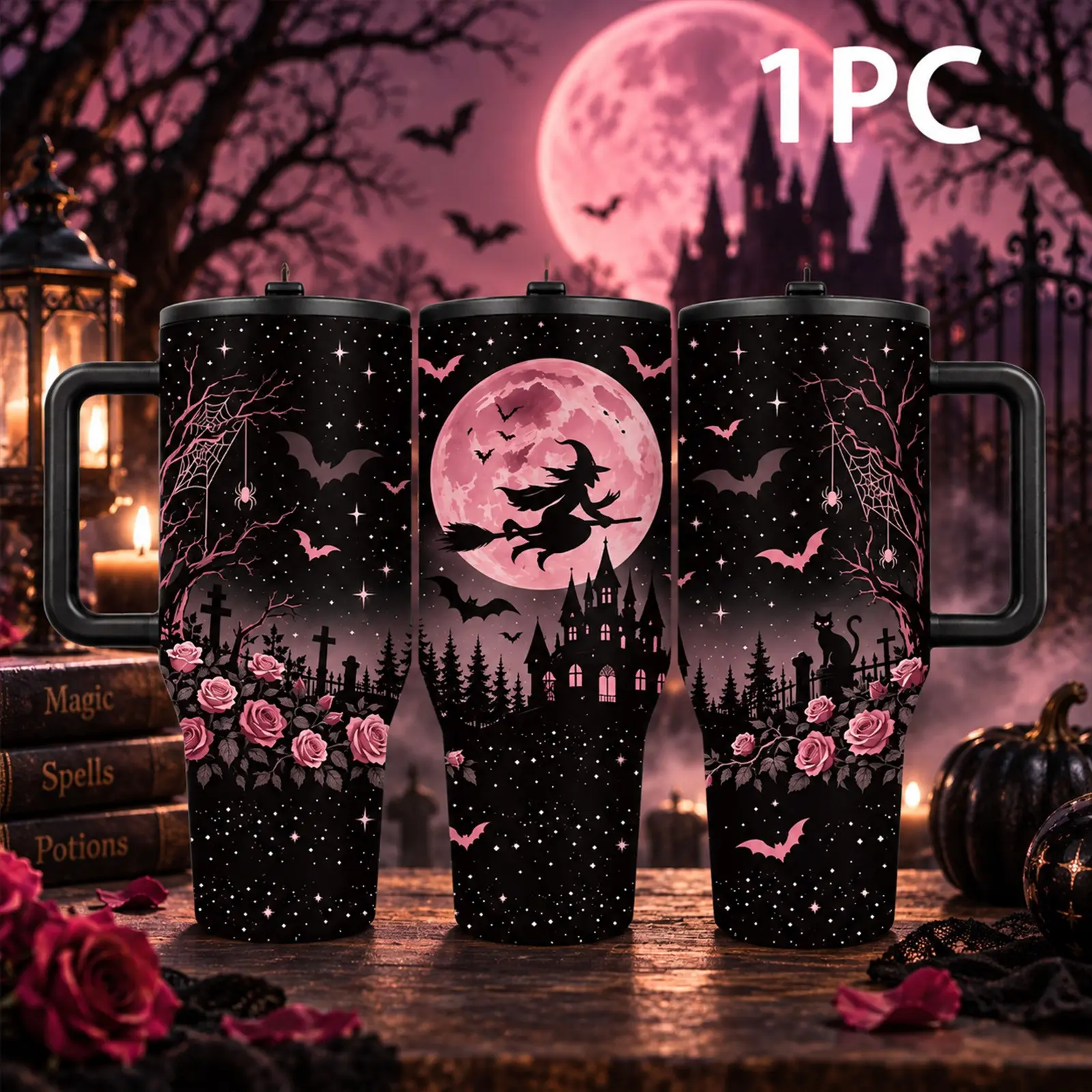 1 PC 40oz Pink Moon Witch Stainless Steel Tumbler with Handle & Flip Straw Lid, Double Wall Vacuum Insulated Travel Cup, Gothic Halloween Bat Castle Design, Car Cup Holder Friendly, Reusable Drinkware Gift, Flasks