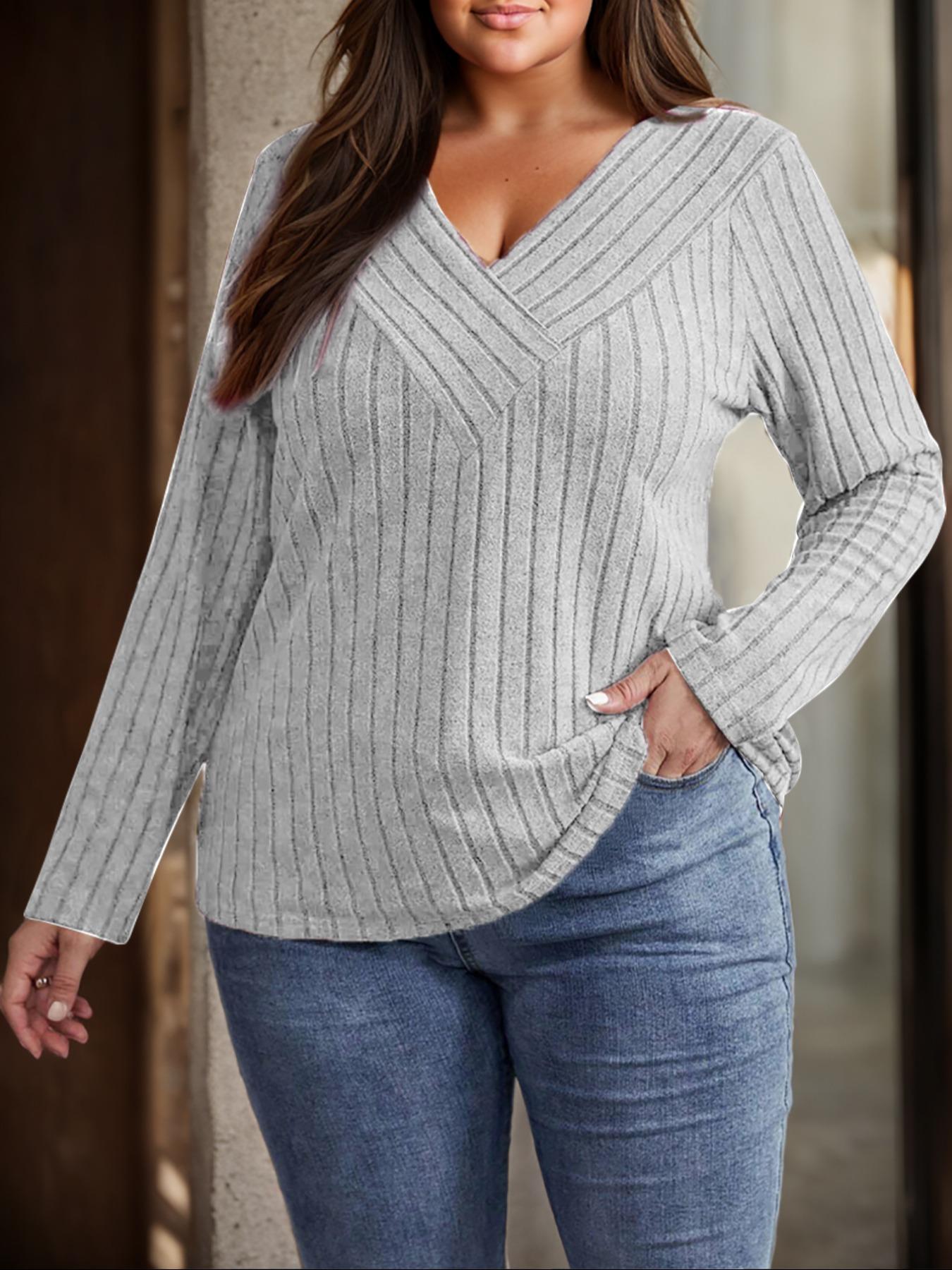Plus Size Women's V Neck Knit Top, Sexy Ultra Soft Elastic Lightweight Fabric, Elegant Casual Fashion for Spring & Fall Seasons