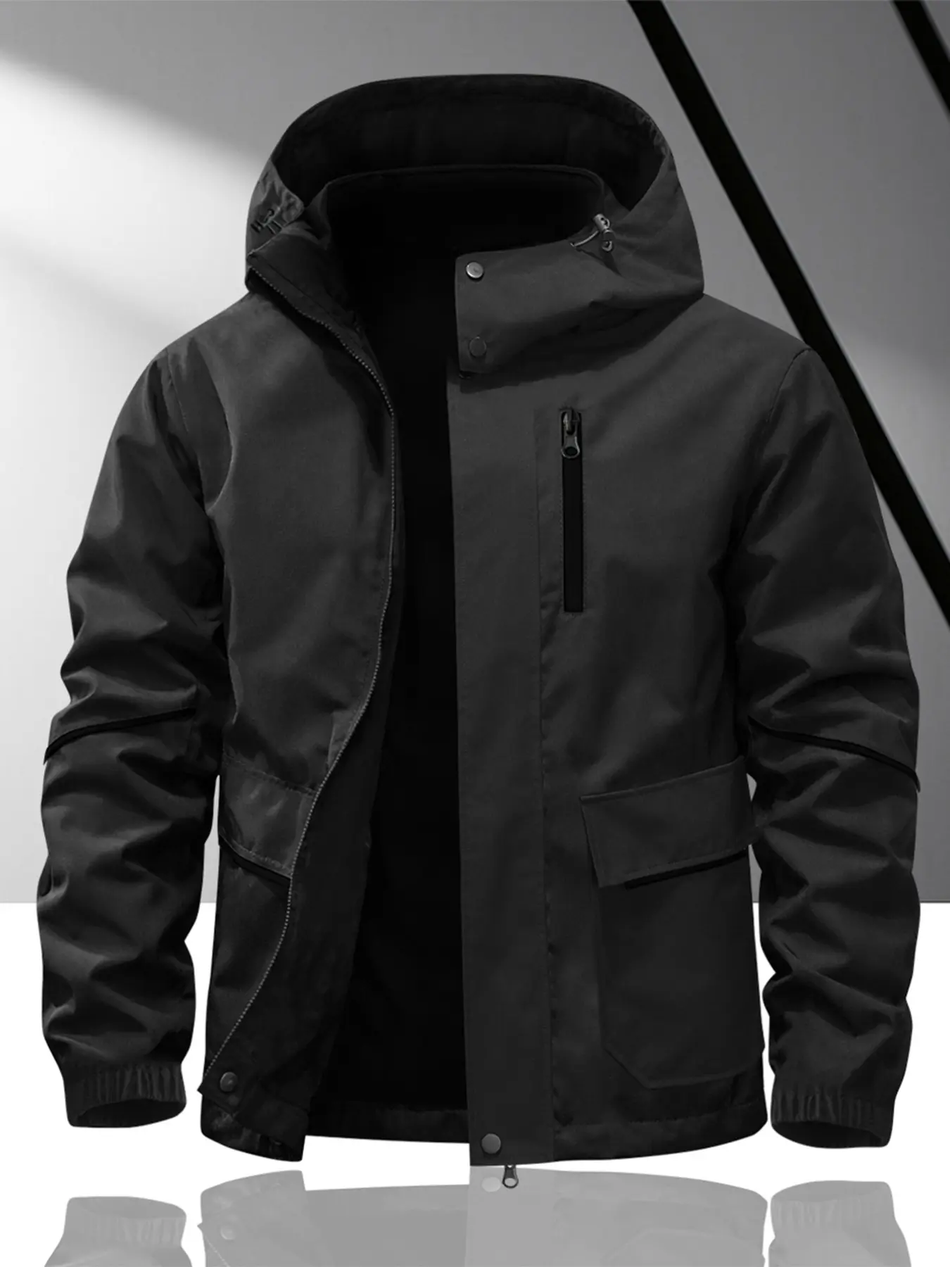 Men's Windproof Hooded Work Jacket, Urban Functional Style, All Seasons, Long Sleeve, Zip Closure, Ideal for Outdoor Activities