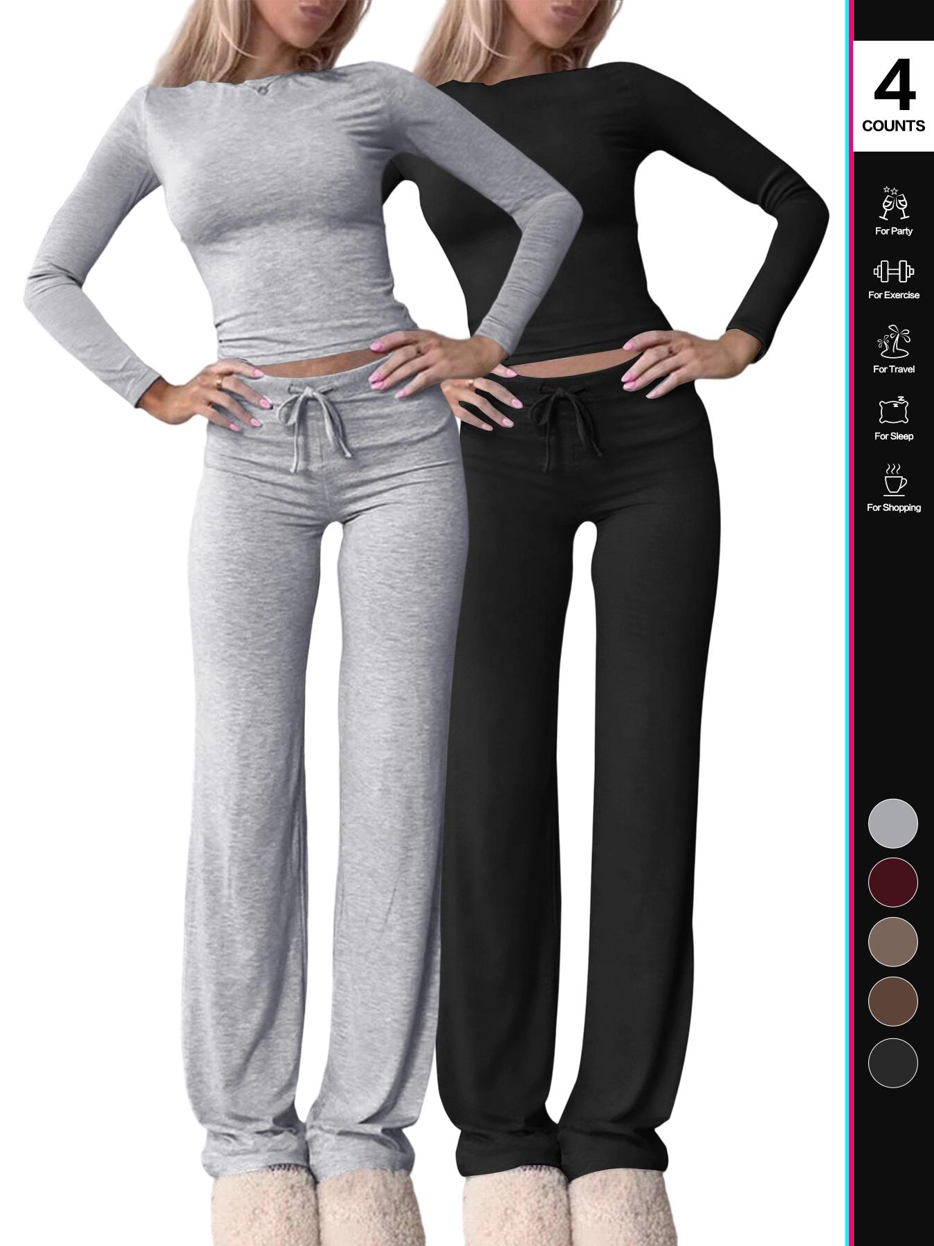 2026 Two Pieces Fall Women Clothes Y2K Sporty Casual Home Solid Color Fitted Long-Sleeved T-Shirt And Long Pants Set