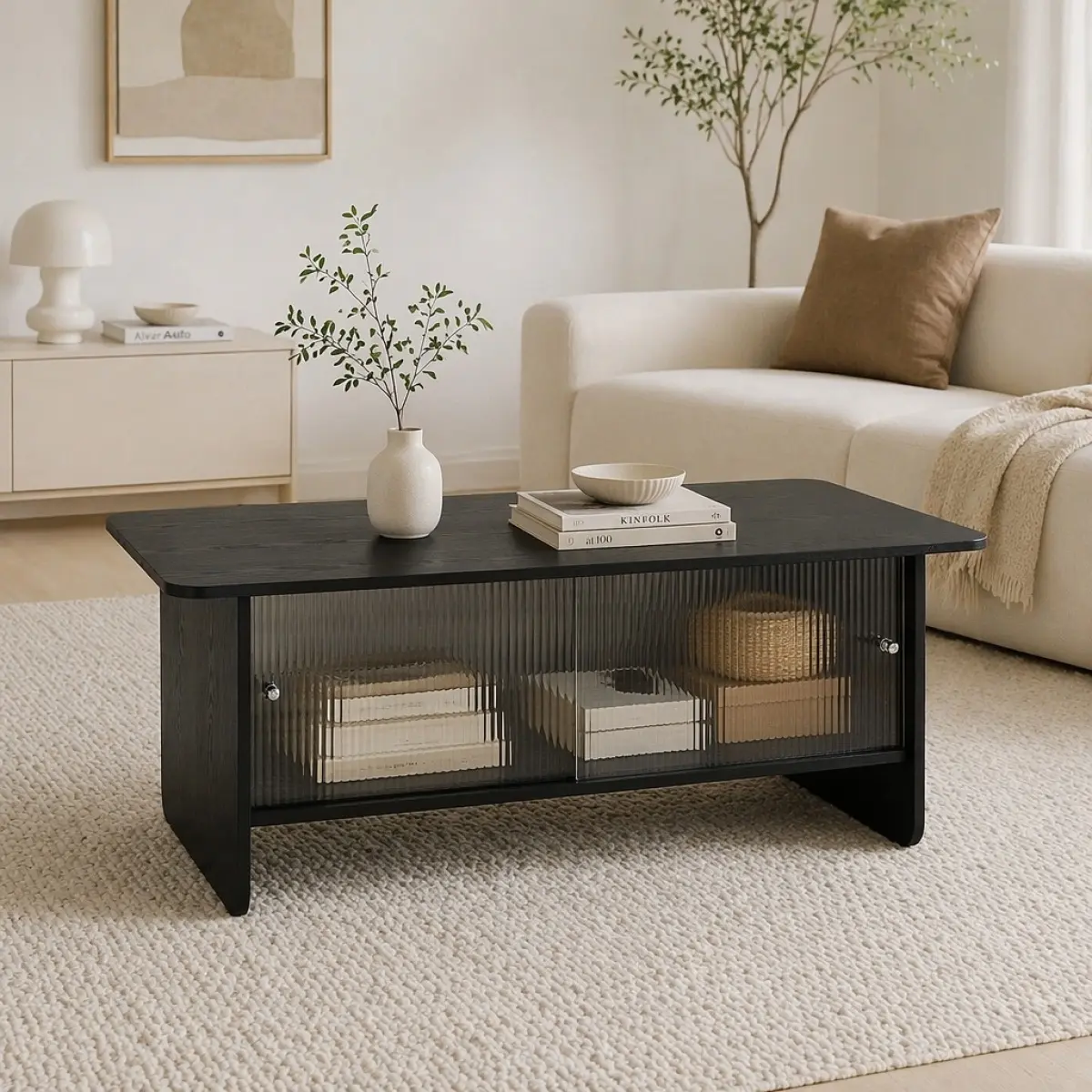47" Coffee Table With Storage, Rectangular Modern Minimalist Center Table , Fluted Glass Sliding Doors For Living Room Bedroom Guest Room, Black