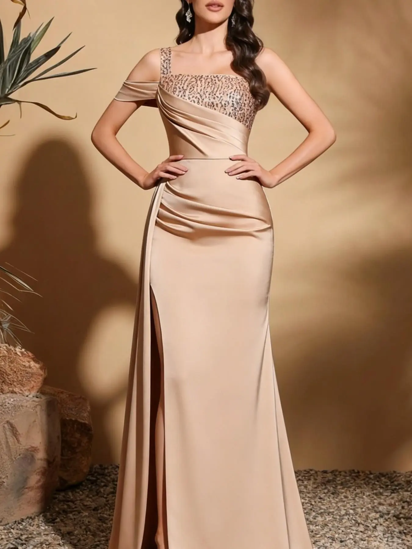 Elegant Off-Shoulder Dress with Cross Detail and Side Slit, Fitted Evening Gown for Adults, Solid Color All-Season Formal Wear