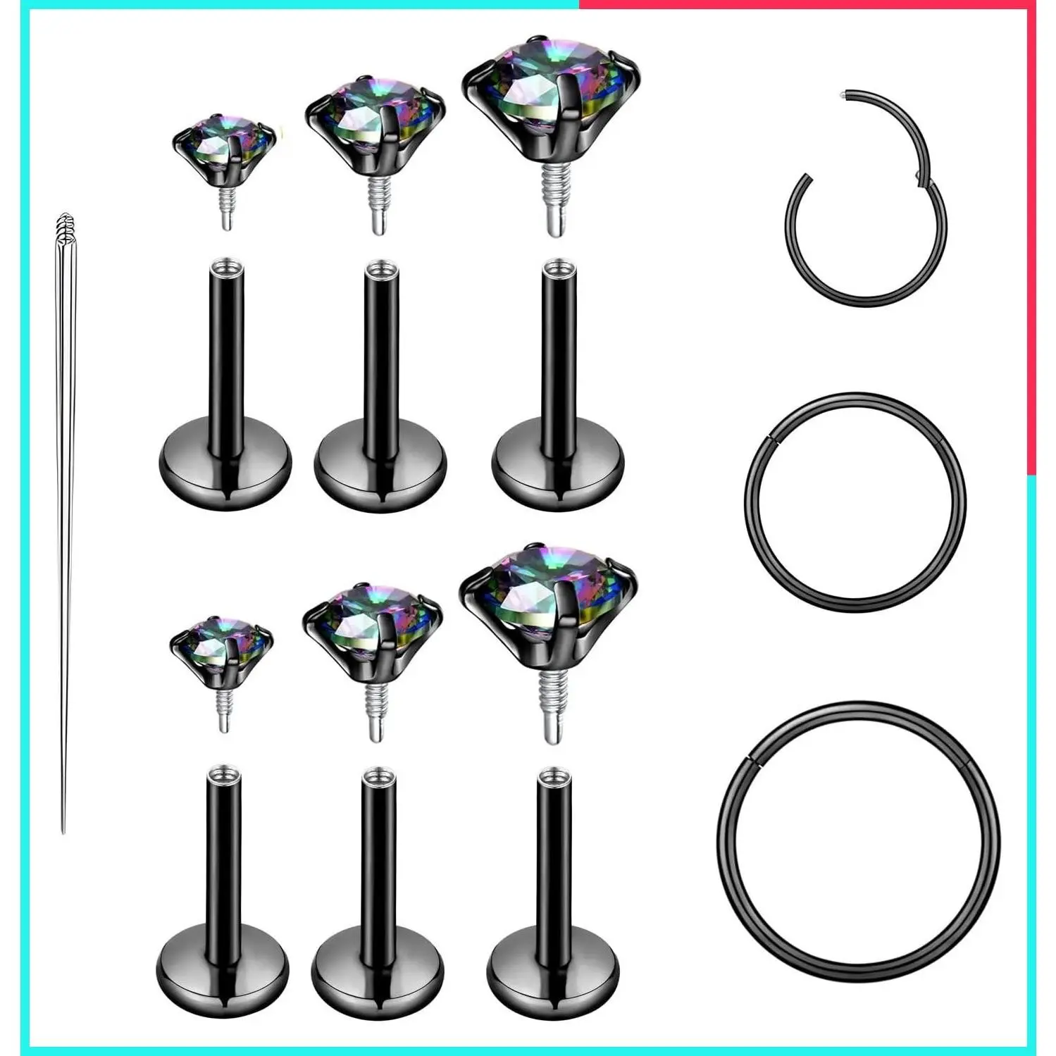 16G 18G Surgical Stainless Steel Hypoallergenic Nose Septum Rings Medusa Lip Labret Stud Earrings Internal Thread Piercing Jewelry Set Clicker Hoop for Cartilage Tragus Helix Conch Men Women