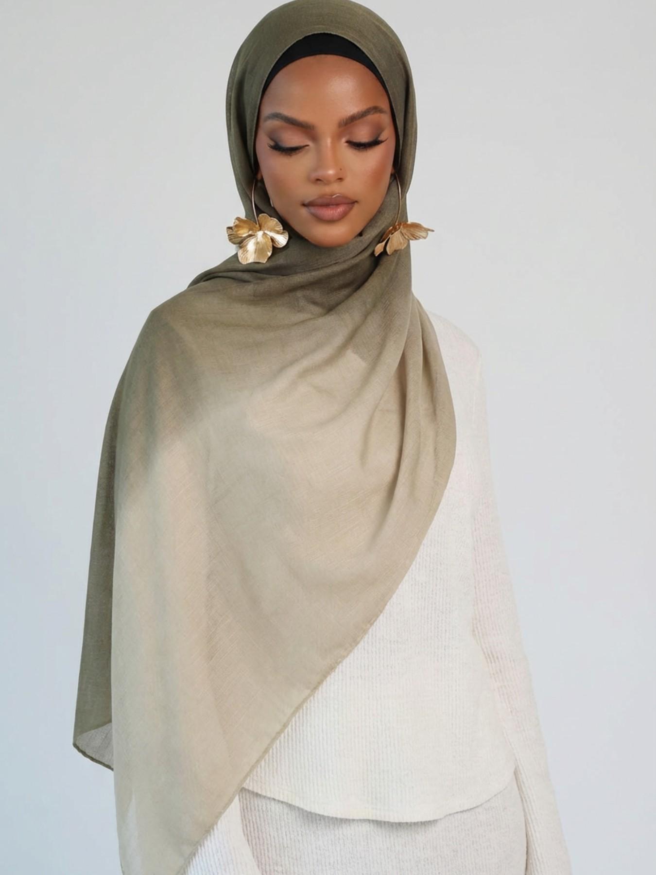 Women's Elegant Gradient Print Hijab Scarf, Soft Cotton Headscarves, Muslim Daily Wear Long Shawl, Fashionable Beach Wrap