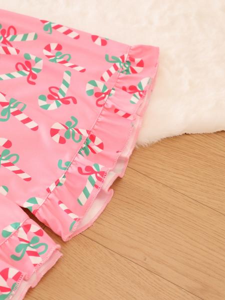 2 pieces of ladies' Christmas cane candy printed short sleeved shorts sleepwear set with buttons, collars, bows, suitable for comfortable and casual home wear in all seasons Pajama Set