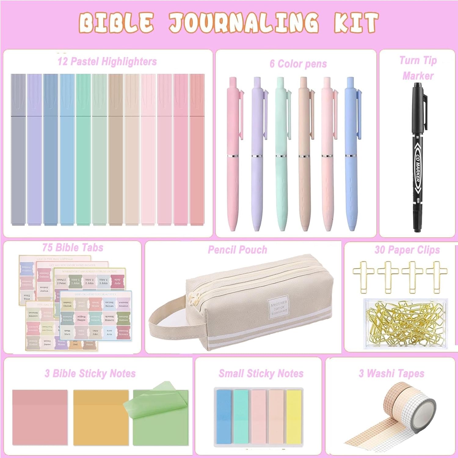 Study Kit- Journaling Supplies with Highlighters,Gel Pens,Tapes,Sticky Notes,Paper Clips,Pencil Pouch,Tabs  Annotation Kit for , ible Study Supplies, Essentials Set for Women