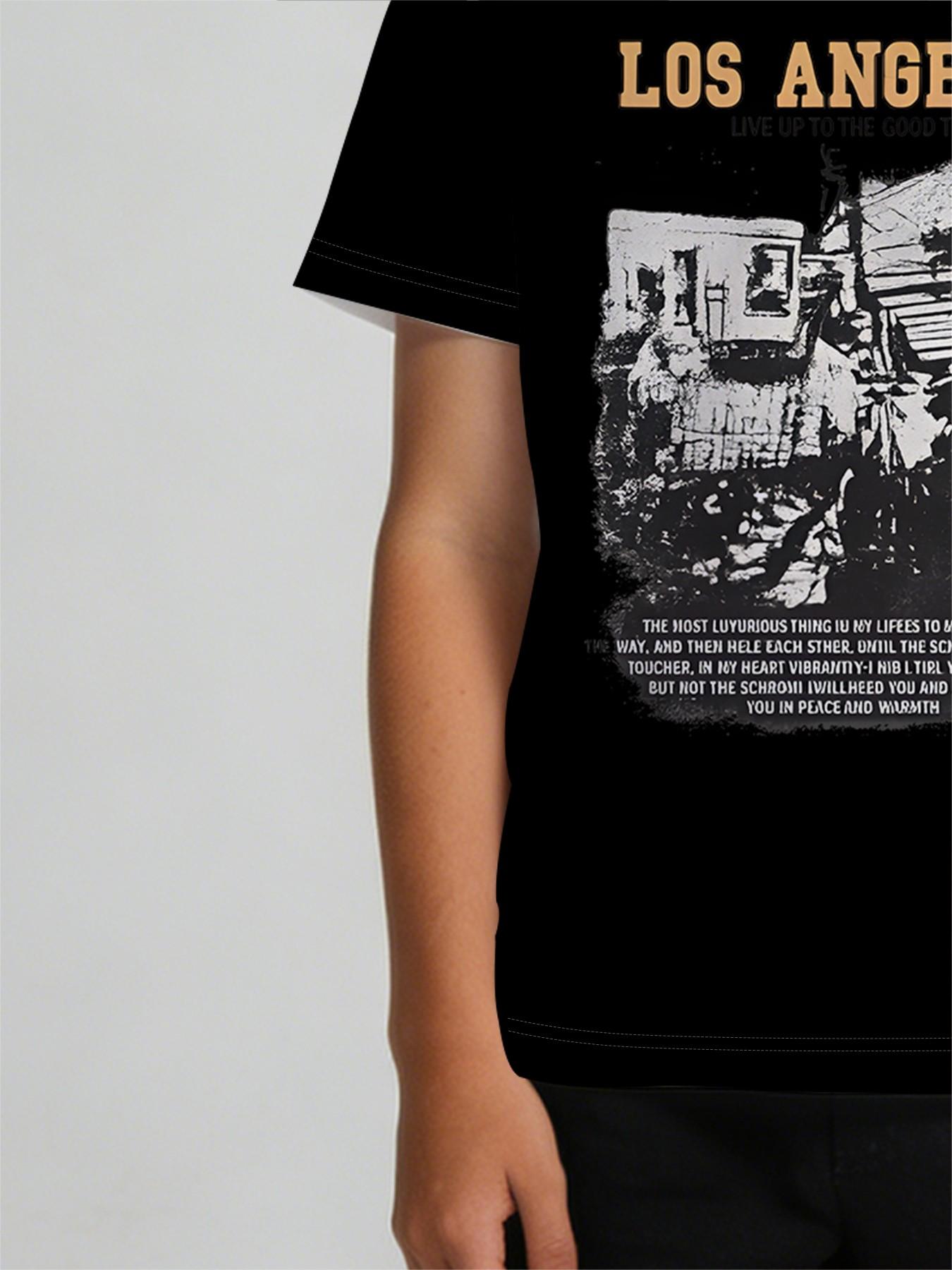 Boys' American-style short-sleeved shirt "Los Angeles Streetwear Tour Edition" features a vintage city streetscape + LOS ANGELES slogan print, a cool black crew neck design, making it a standout for street-style kids' outfits and outdoor outings