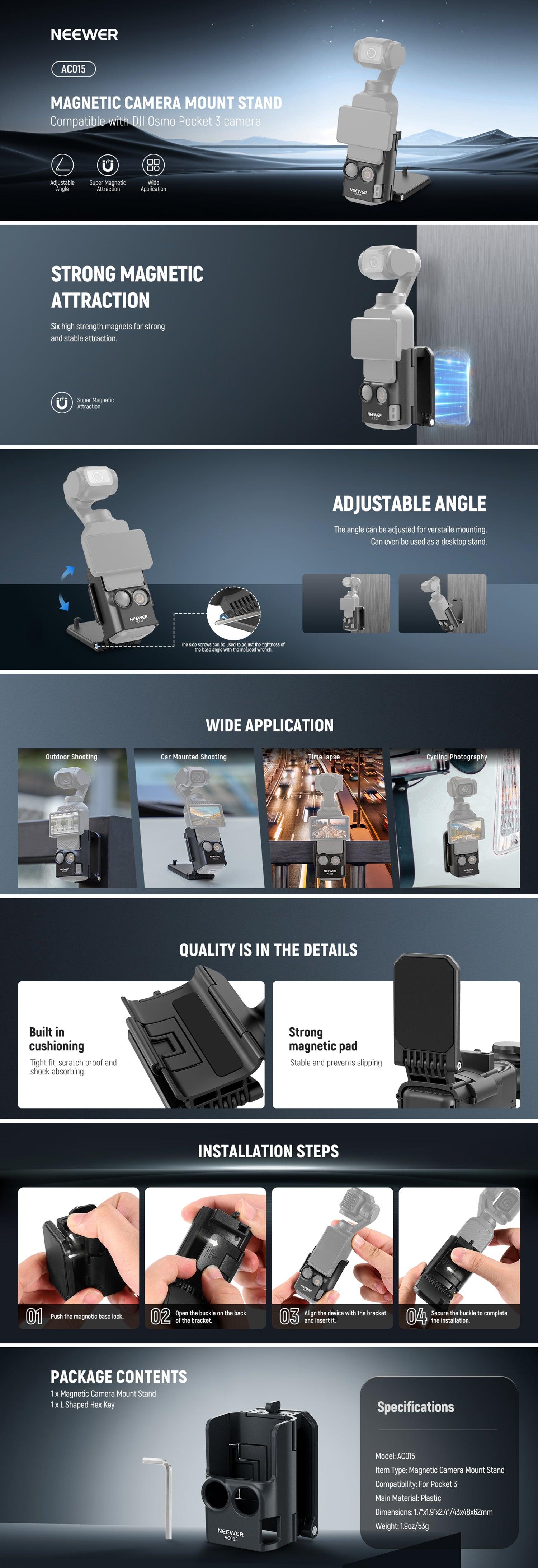 NEEWER BASICS AC015 Magnetic Camera Mount 180° Rotate For DJI Osmo Pocket 3, Xtra Muse- Multifunctional Magnetic Bracket