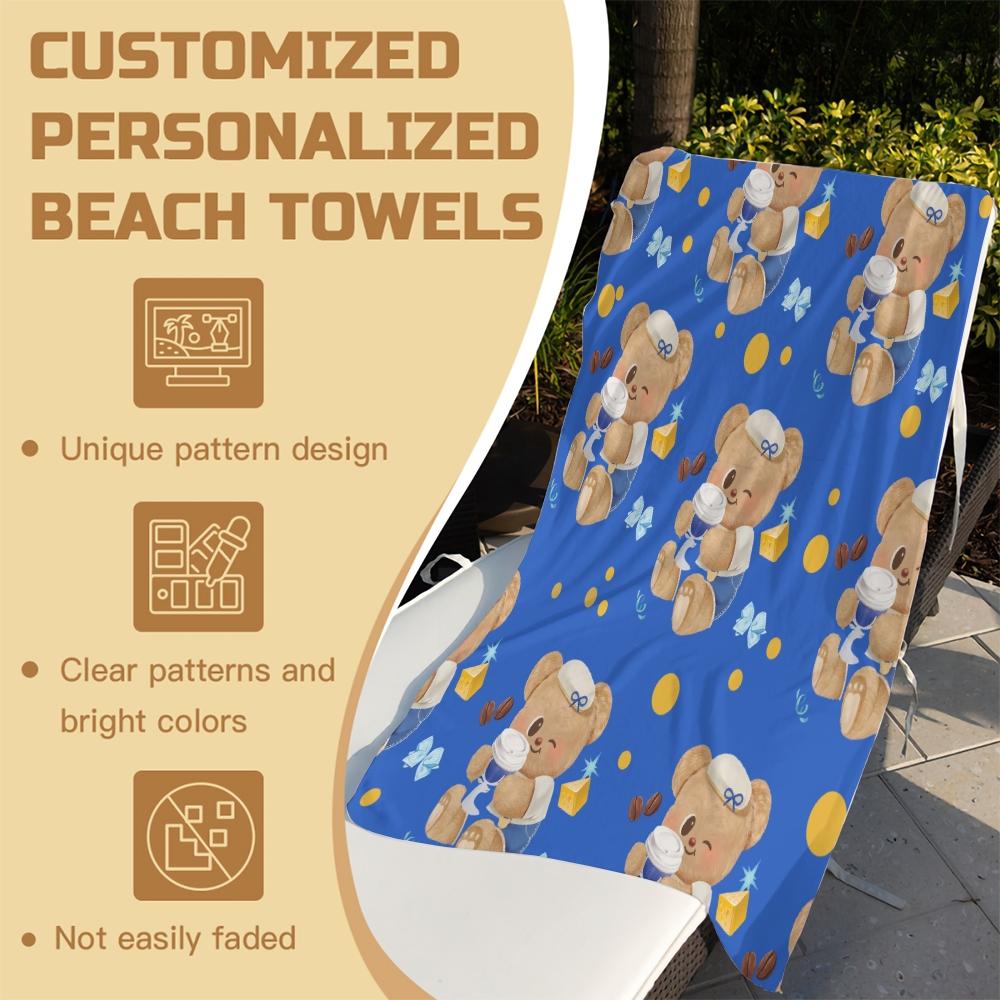 Cute Cartoon Bear Print Beach Towel, Japanese Style Kawaii Teddy Bear with Polka Dots Stars Hearts Pattern, Soft Microfiber Oversized Quick Dry Sand Free Absorbent Towel for Beach, Pool, Swimming, Travel, Camping and Yoga, Japanese Cute Aesthetic Beach Ac