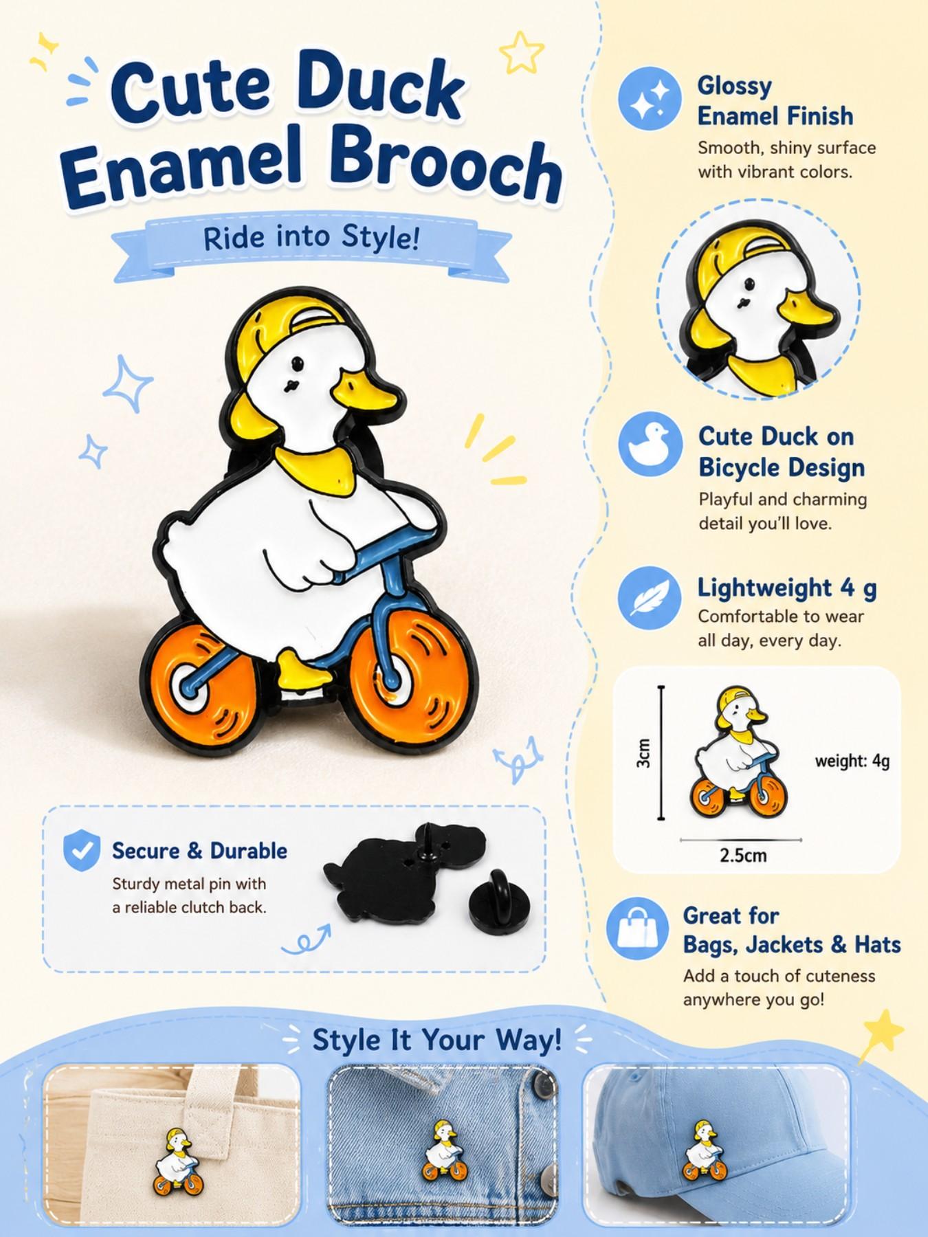 Duck Riding Bicycle, Enamel Brooch Pin, Glossy Alloy Hard Enamel, for Women Men Cyclists Animal Lovers and Collectors, for Denim Jackets Backpacks Canvas Bags Hats and Pouches, Playful Kawaii Casual Style, Gift for Friends and Duck Fans