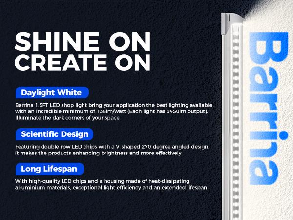 Barrina 5000K 1.5FT LED Shop Light, 3450LM, 25W, T8 Under Cabinet Lighting, Workbench, Workshop, Room, Kitchen, Tube Light, Linkable Ceiling Lights Fixture with Built-in ON/Off Switch, ETL, 2 Packs