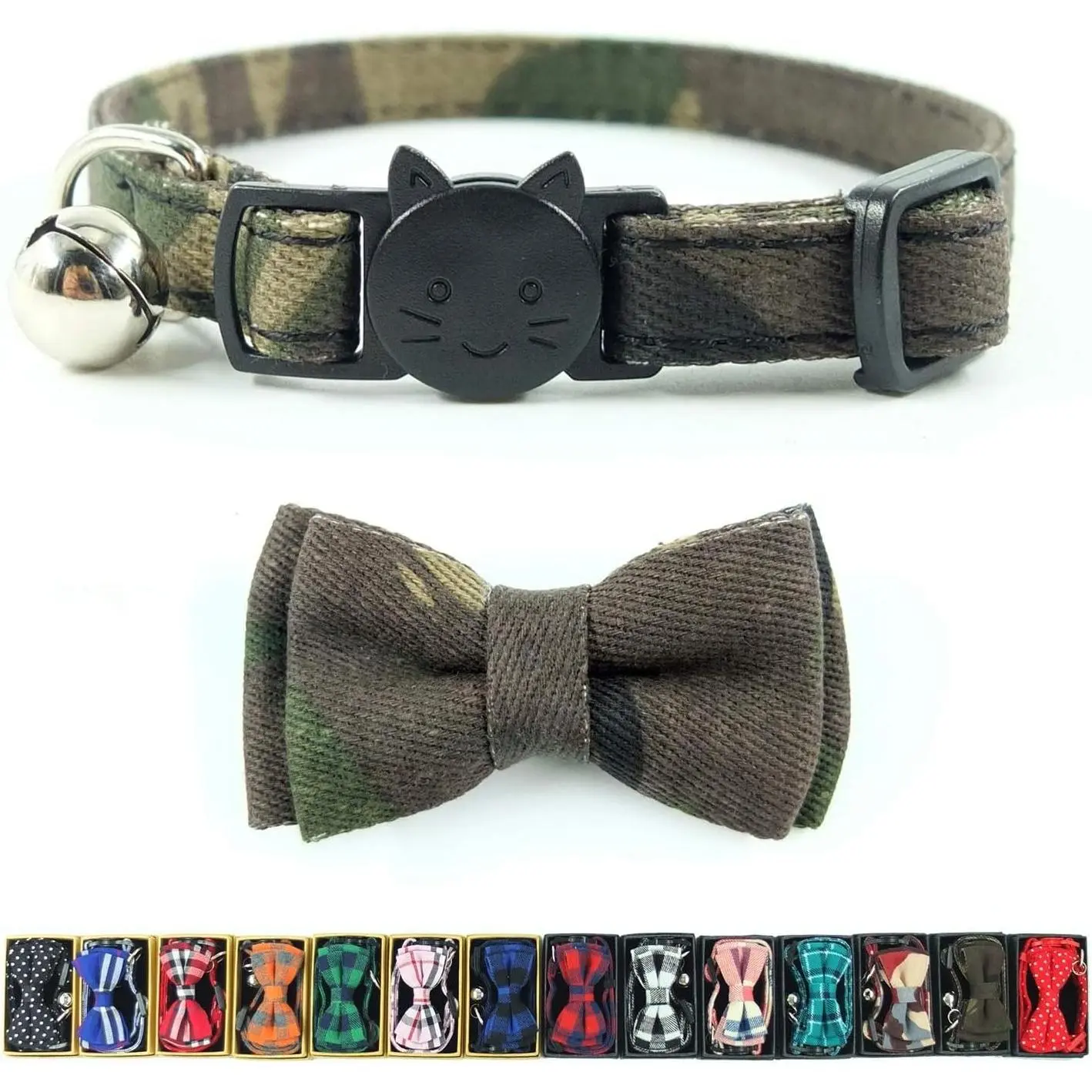 Cat Collar with Bowtie and Bell, Quick Release Breakaway Safety Buckle, Durable Kitten Collar (6.8-10.8in) - Camouflage 2Gift