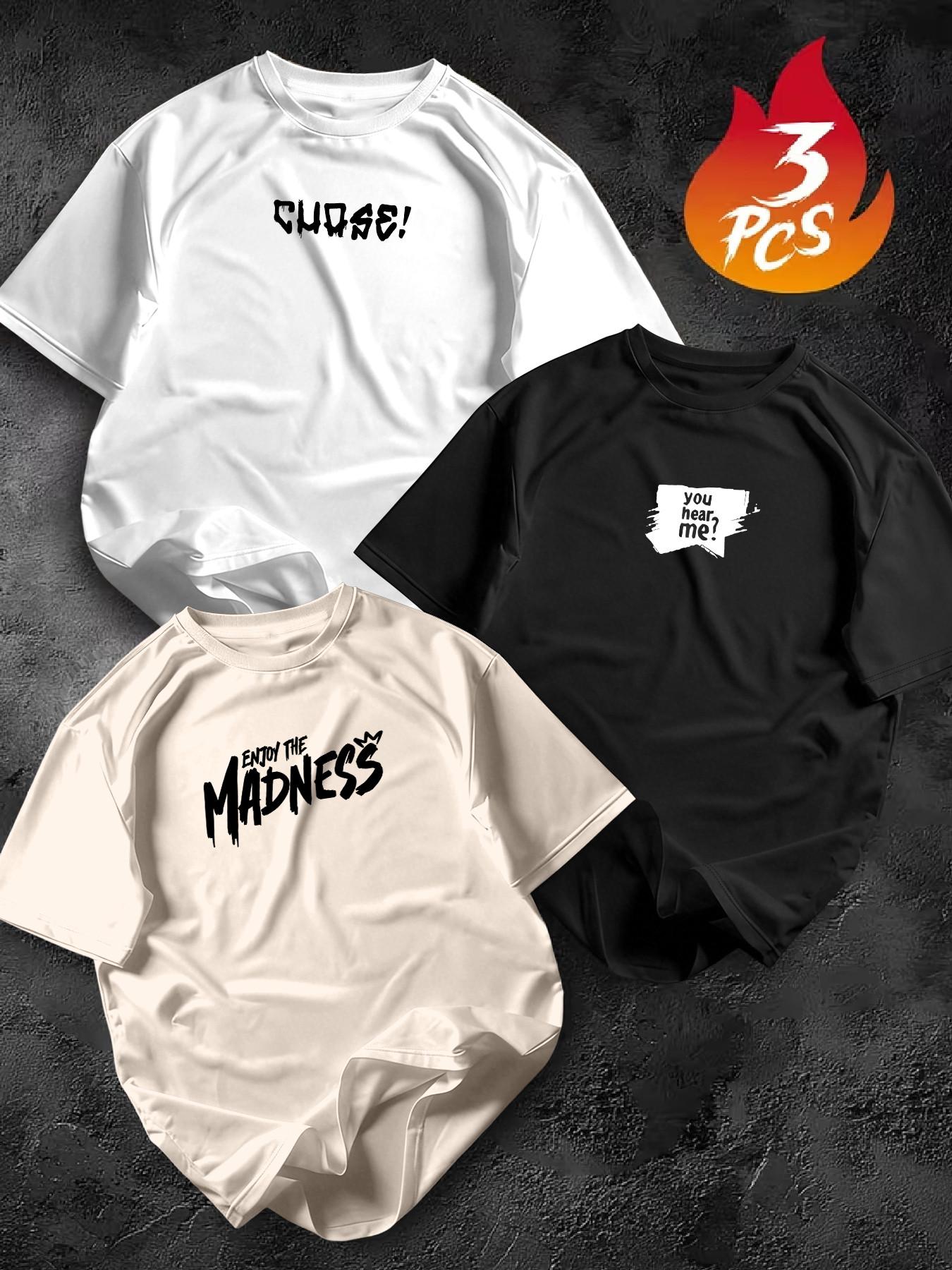 Men's 3-Pack Graffiti Round Neck Short Sleeve T-Shirts, Unique Cool Prints, Loose Fit, Casual Street Style, Streetwear, Daily Wear, Menswear