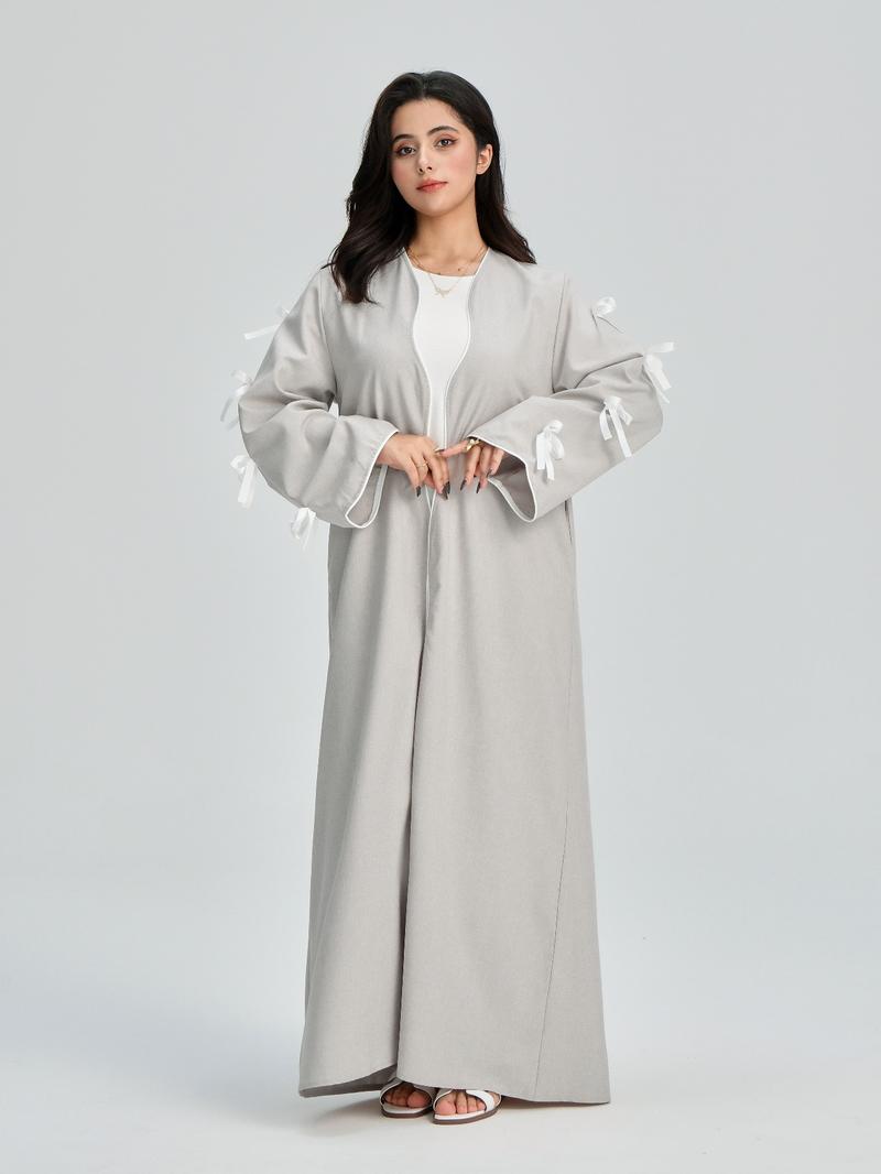 Women's Solid Color Bow Decor Wave Trim Open Front Cardigan, Casual Long Sleeve Outerwear for Daily Wear, Ladies Clothes for All Seasons