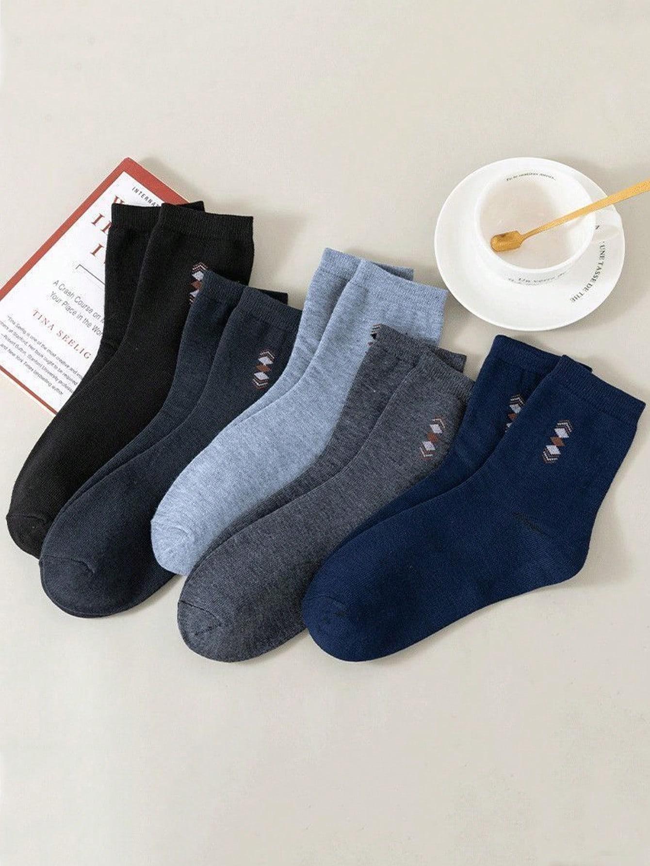 5 Pairs Men's Fall Winter Crew Socks, Soft Comfortable Checked Pattern, Ideal Gift for Running, Sports, Hiking, Casual Style