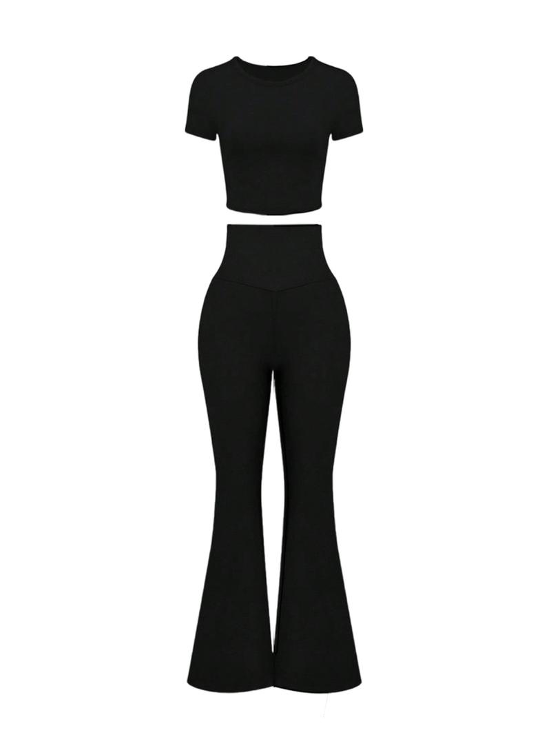 Women's Solid Loungewear Set, Casual Short Sleeve Crop Top & High Waist Flare Leg Pants, Ladies Sleepwear for All Seasons, Pajama Set