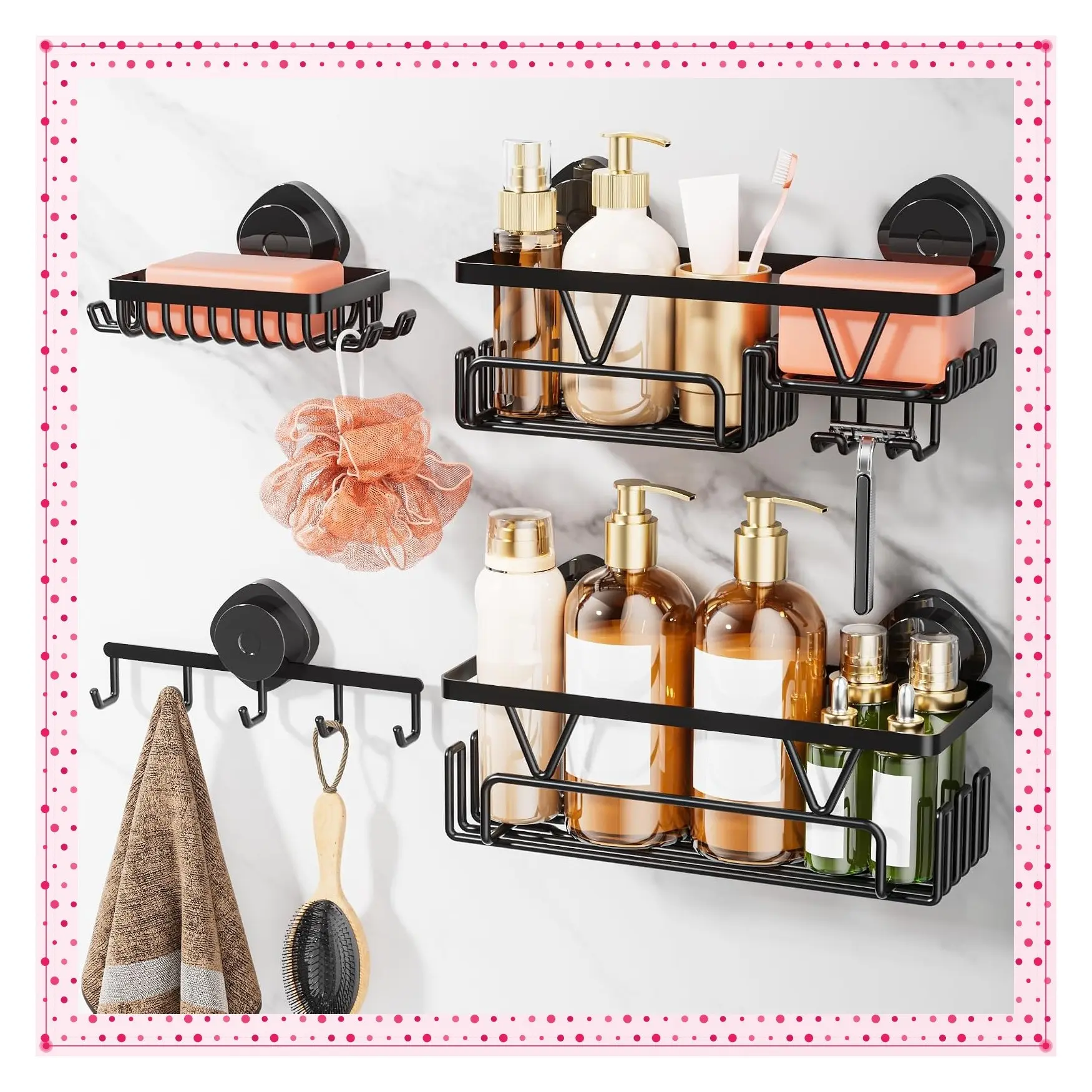 4 Pack Shower Caddy Suction Cup Shelf with Towel Rack, No Drilling Removable Shower Organizer with Hooks & Soap Holder, Space-Saving Bathroom Storage, BlackGift