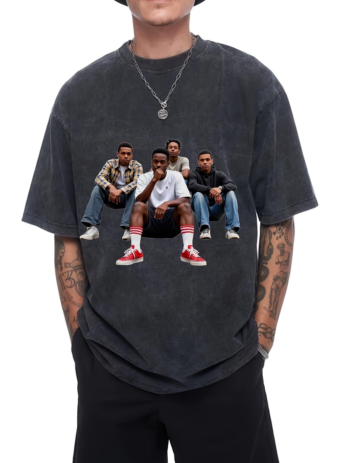 Men's Vintage Washed Hip-Hop Four-Group Print Loose T-Shirt, Street Style Rap Culture Casual Short Sleeve, Retro Loose-Fit Top