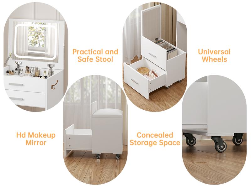 3-in-1 Compact Vanity Desk with 3 Drawers Flip-Up Lighting Mirror & Cushioned Stool Modern White Makeup Table for Bedroom Office Nightstand 3-in-1 Compact Vanity Desk with 3 Drawers Flip-Up Lighting Mirror & Cushioned Stool Modern White Makeup Table for Bedroom Office Nightstand