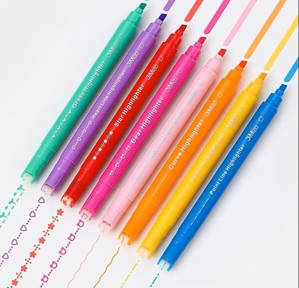 8pcs Dual-Head Multi-Functional Fluorescent Markers, Curve Roller Flower Design, Student DIY Journal Pens, Daily Use Stationery