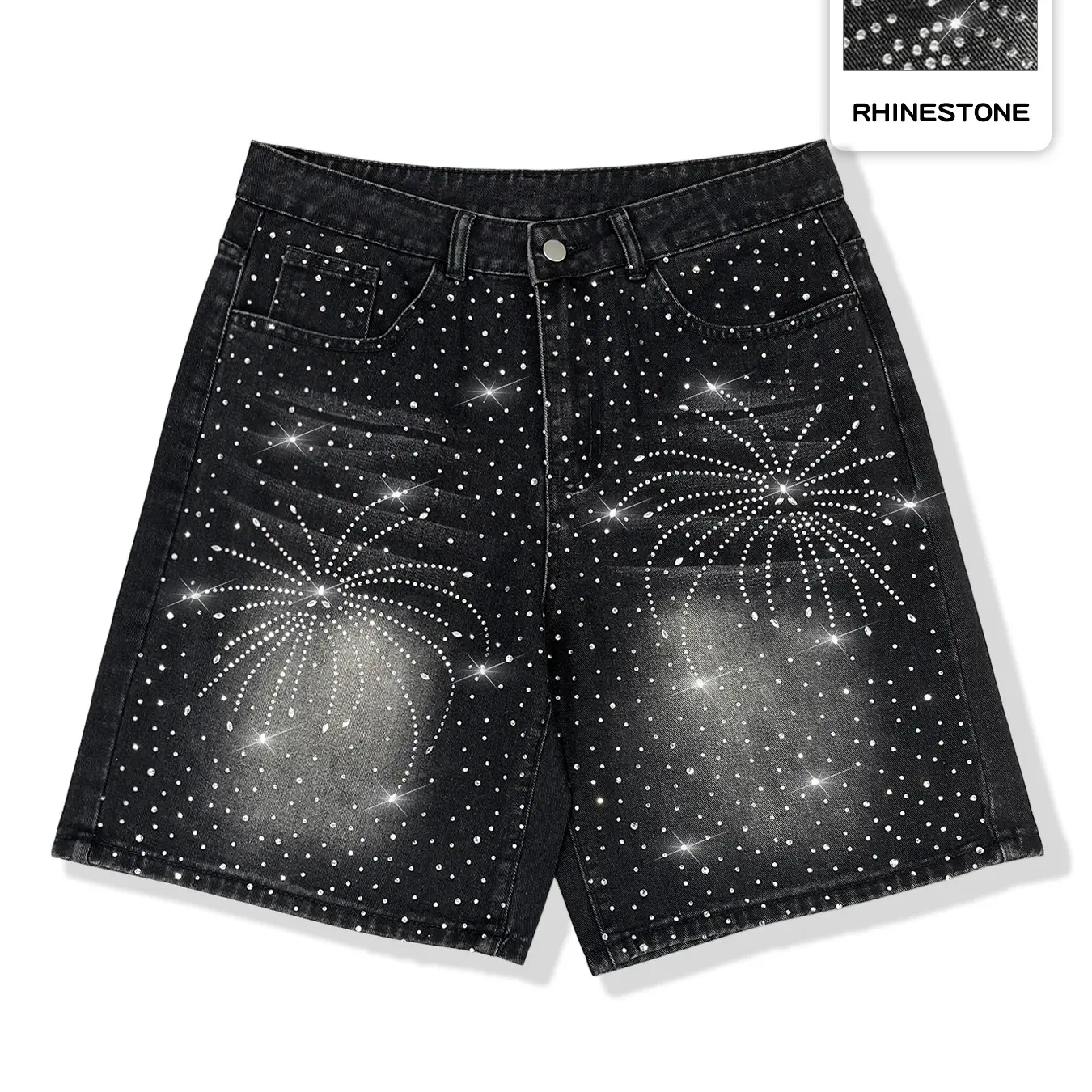 Diamond-studded casual jeans, black fully-studded cross-shaped