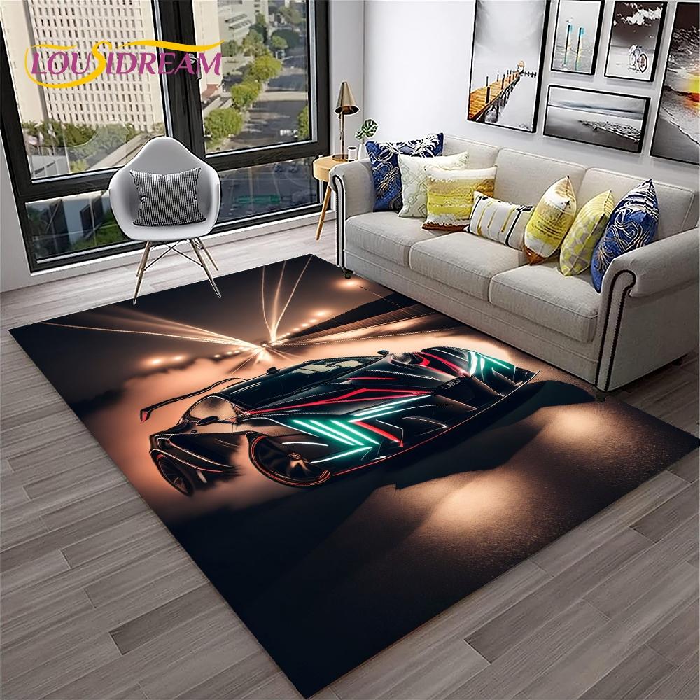 Blue Sports Car Flannel Area Rug - Cool Graffiti Style Supercar Print Soft Mat for Living Room & Garage, Non-Slip Car Enthusiast Home Decor#SportsCarRug #GraffitiSupercarMat #CarEnthusiastDecor #GarageCarpet #NonSlipFlannelRug