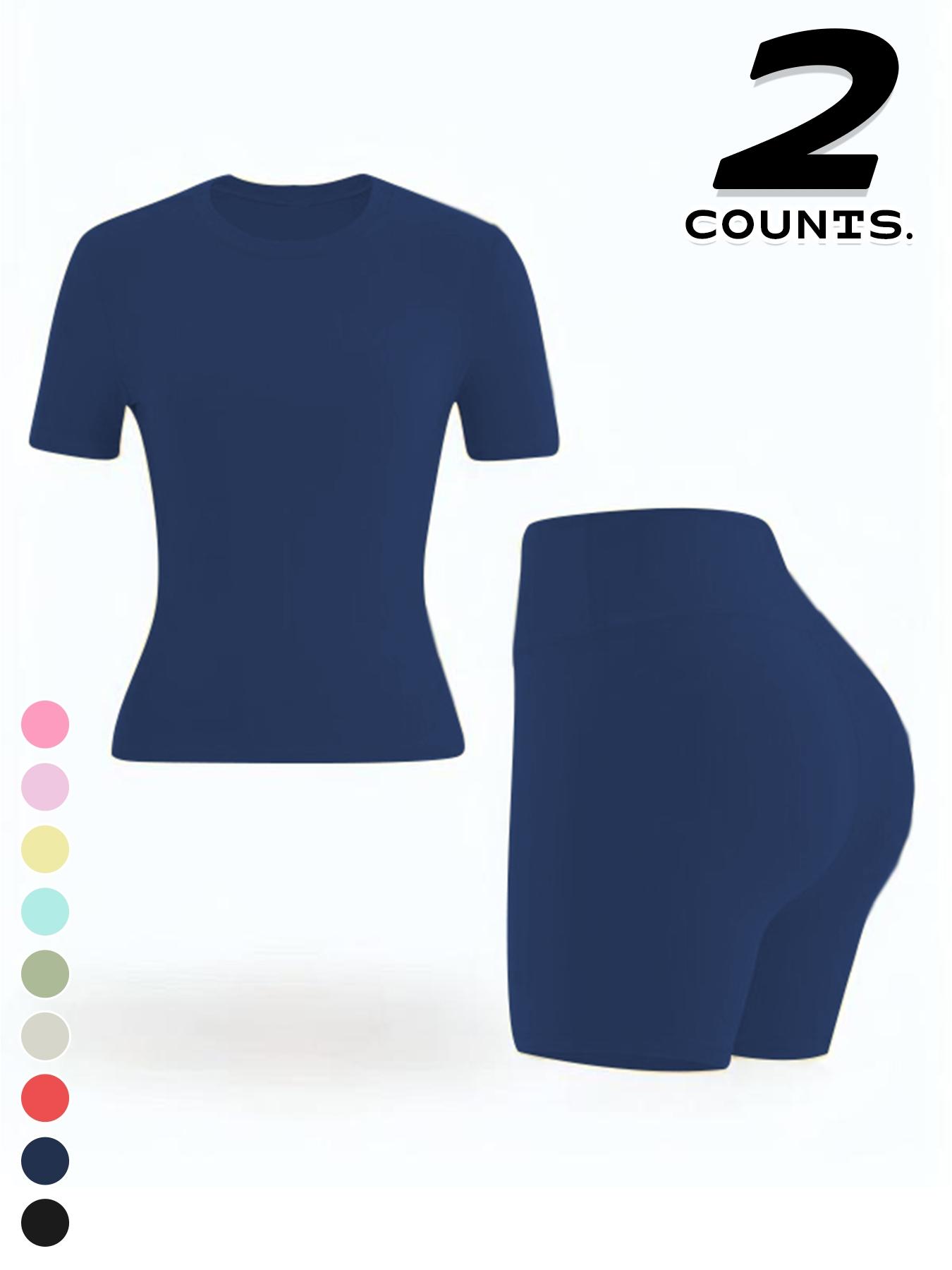 Women's Sport Yoga 2-Piece Set, Plain Short Sleeve T-Shirt and High Waist Shorts, Breathable Gym Running, All Seasons