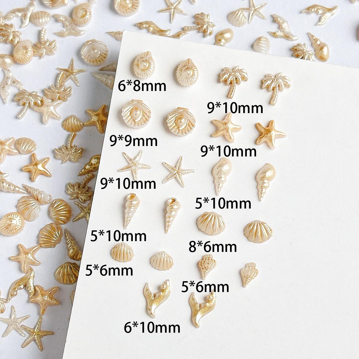 120PCS Multi-style Creative Ocean Series Resin Nail Charms 3D Champagne Color Shell Conch Starfish Fish Tail Summer Beach Nail Decorations DIY Necklace Clothing Nail Art