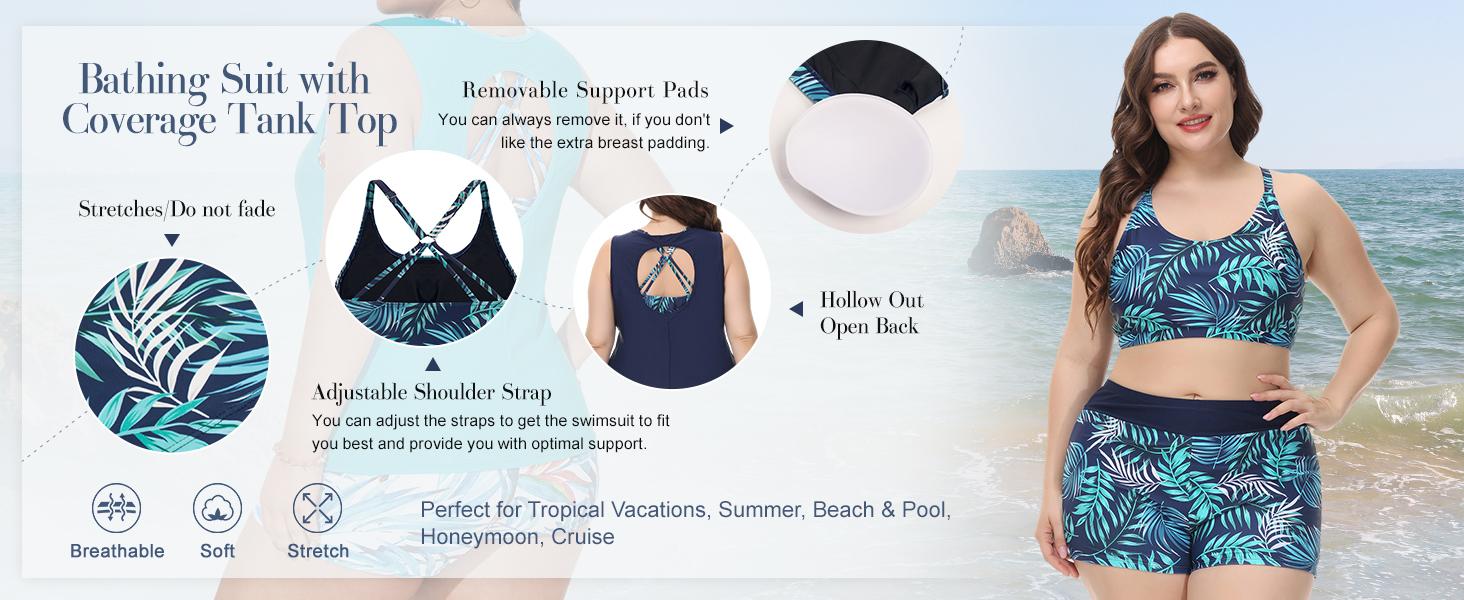 【3pcs & 16-28W】Hanna Nikole Women Plus Size 3pcs Set Tummy Control Swimsuit Hollowed-Out Tank Top+Cropped Tops+Briefs Tankinis Tankinisuit SpringStatements