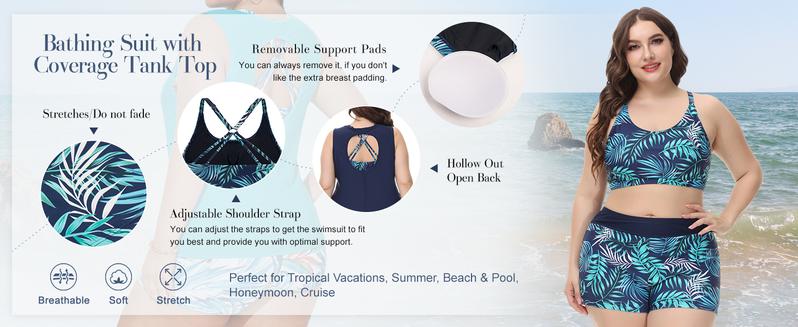 【3pcs & 16-28W】Hanna Nikole Women Plus Size 3pcs Set Tummy Control Swimsuit Hollowed-Out Tank Top+Cropped Tops+Briefs Tankinis Tankinisuit