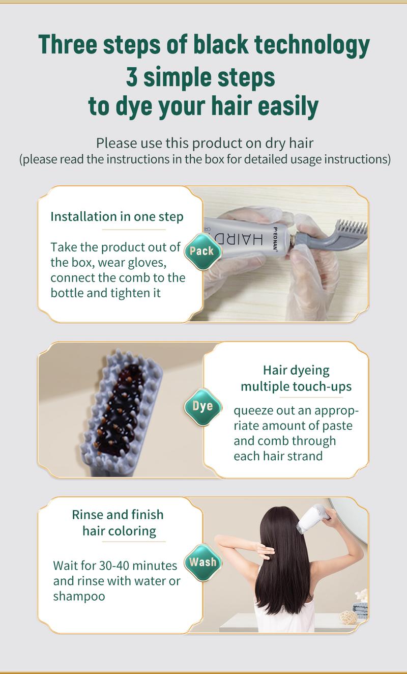 PYEONAN Unisex Professional Hair Dye Comb - Natural Plant-Based! No Bleaching, 2 in 1 Instant Magic, Grey Hair Coverage & Haircare Combined. Grey Turns to Black or Drak Brown Easily. Herbal Ingredient Hair Color, 2.8Oz./80g, Nourish and Shine