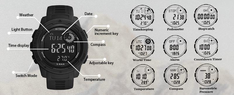 AVTREK Trendy Multifunctional Tactical Sport Watch for Men Men's Accessories with Luminous Dial, Altimeter, Compass, Stopwatch, 50M Waterproof for Outdoor Hiking, Camping, Trendy Multifunctional Watch sohochic AVTREK Trendy Multifunctional Tactical Sport Watch for Men Men's Accessories with Luminous Dial, Altimeter, Compass, Stopwatch, 50M Waterproof for Outdoor Hiking, Camping, Trendy Multifunctional Watch sohochic