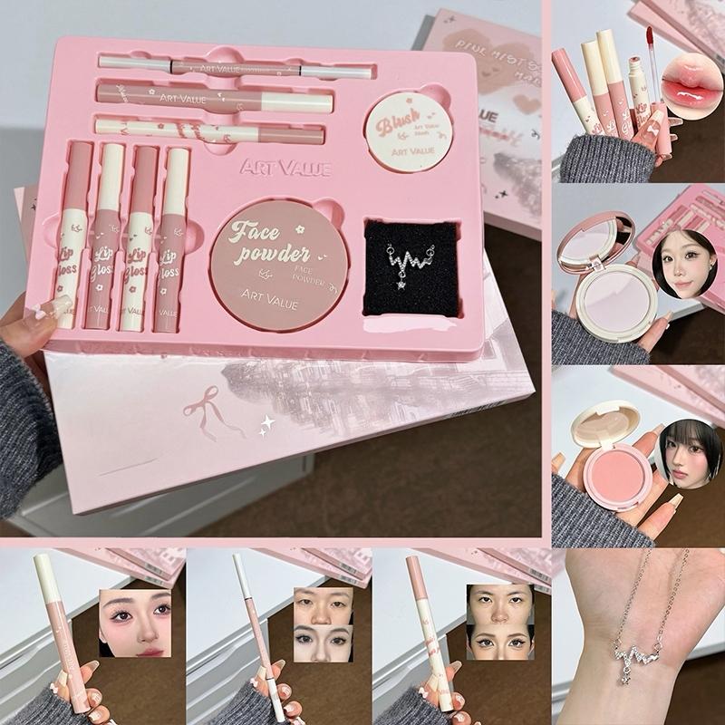 Pink Mist Soft Light Makeup Gift Box Lip Color Powder Blusher Powder Eyebrow Pencil Eyeliner Eye Black Makeup Set Women's Gifts
