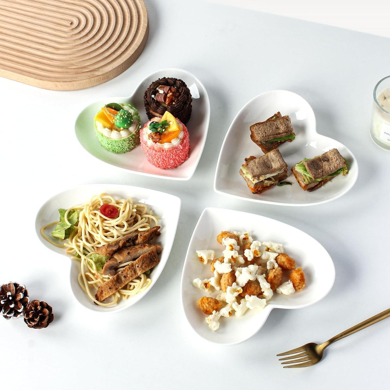 4-Piece Heart-Shaped Ceramic Plates Set, Stackable Dessert Salad Fruit Snack Chips Sandwich Cheese Biscuit Serving Dishes, Oven Microwave Dishwasher Safe, Modern Ceramic Dinnerware