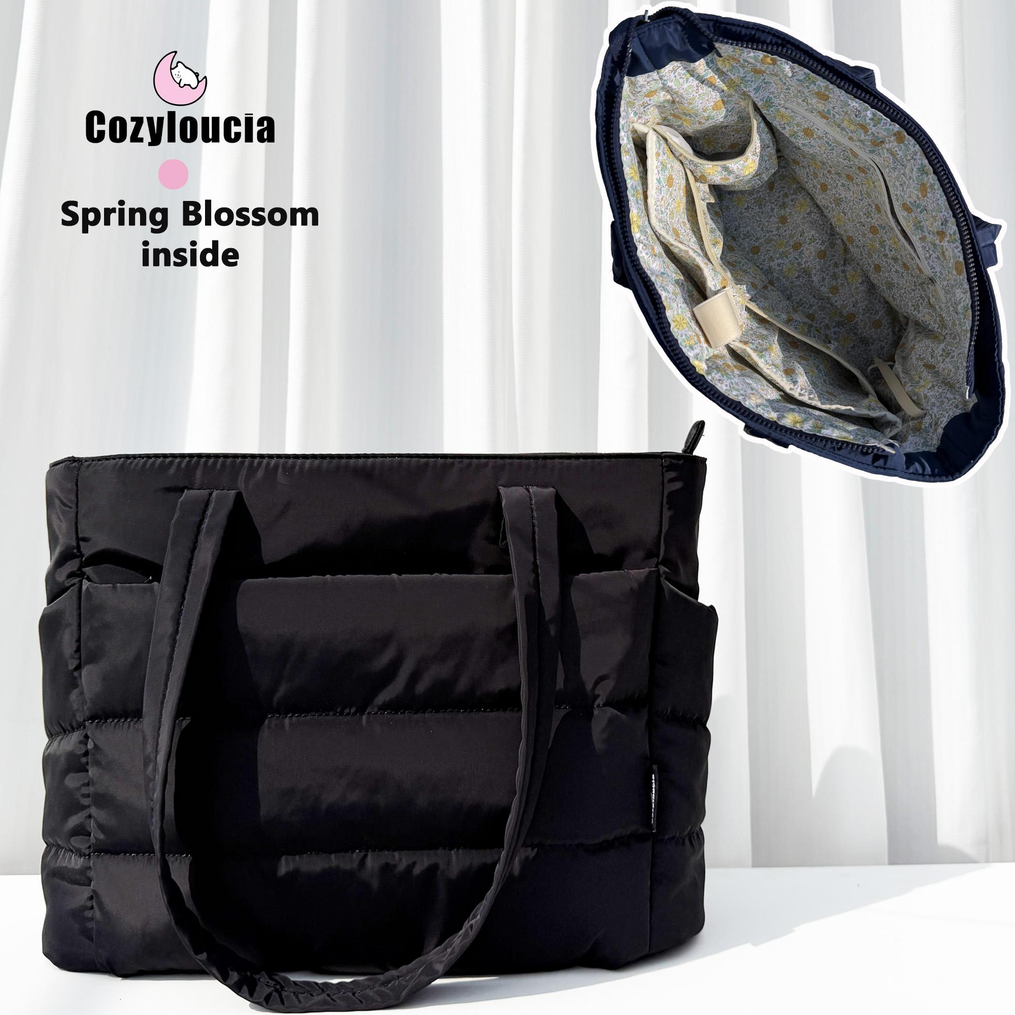CozyLoucia Cute Puffer Tote Bag for Women Pink Flower Print Interior Laptop Shoulder Handbag, Lightweight Best Tote Bag for Work with Multiple Compartments for Travel , Work  and School ,Christmas Gift Ideas